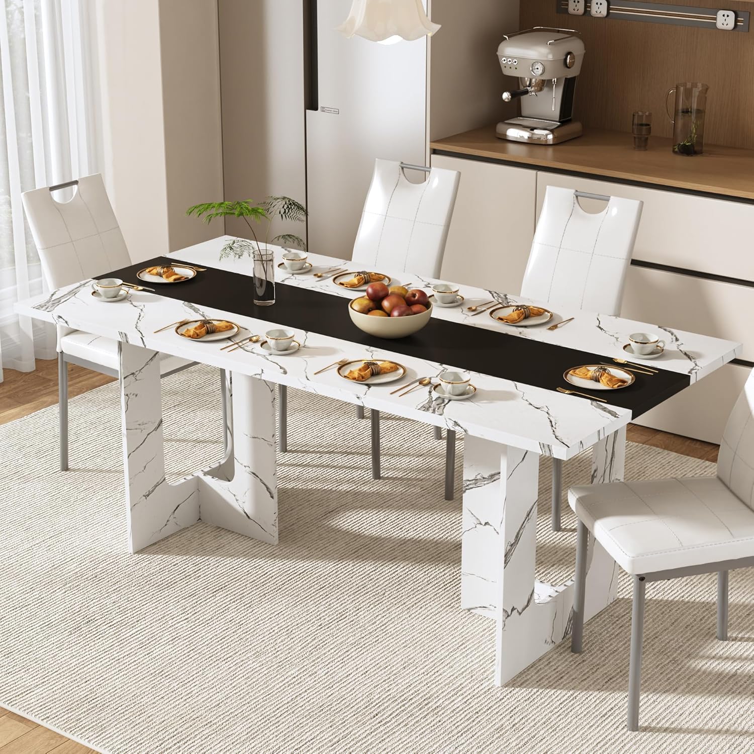 ANPOO 7 Piece Dining Table Set with 6 Chairs, 71" Kitchen Table & Chairs Set for 4-8 People, Rectangle Dining Table with Wooden Legs for Dining Room, Living Room