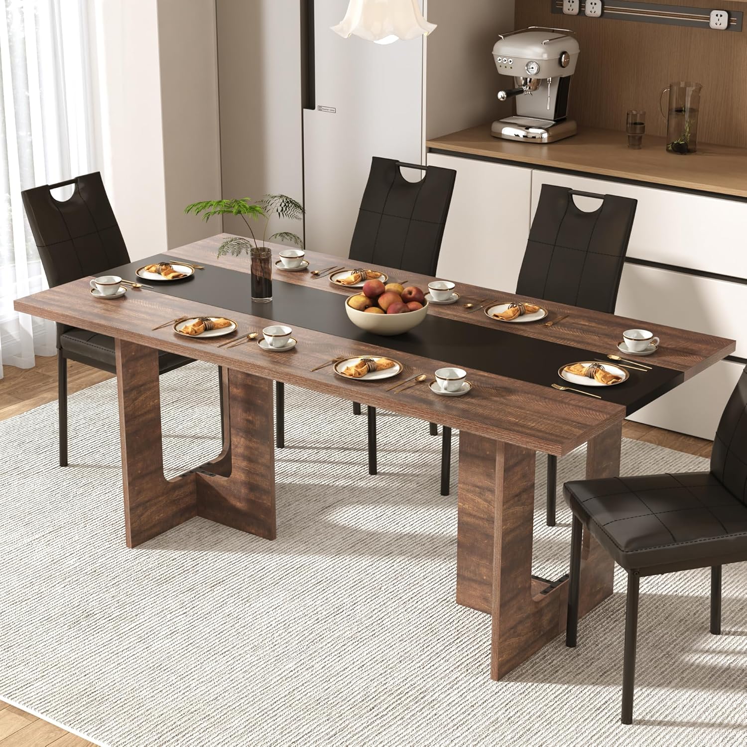 ANPOO 7 Piece Dining Table Set with 6 Chairs, 71" Kitchen Table & Chairs Set for 4-8 People, Rectangle Dining Table with Wooden Legs for Dining Room, Living Room