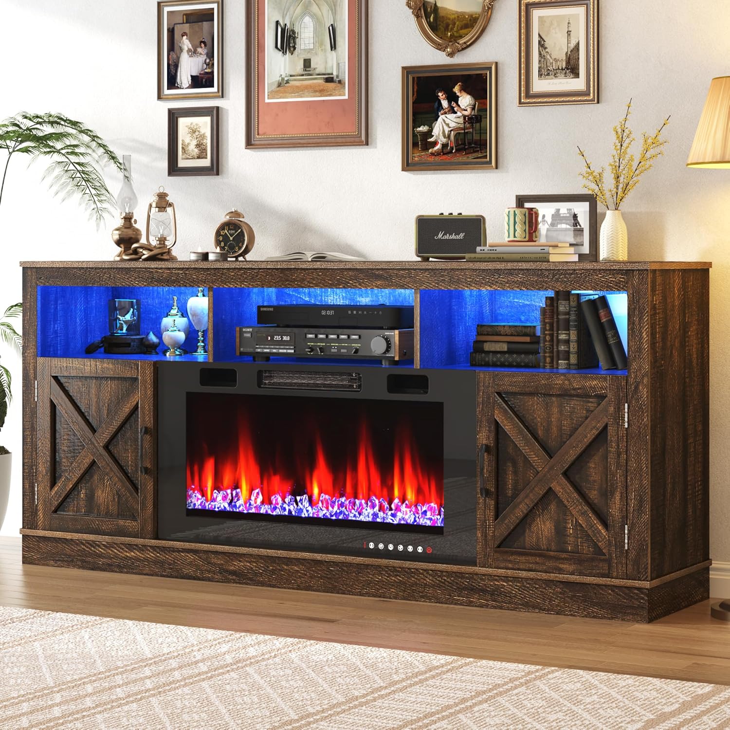 Fireplace TV Stand for 70/75/80 Inch TV with 36" Electric Fireplace, 70" Farmhouse Entertainment Center with LED Lights, Tall Media Console with Barn Door for Living Room, Bedroom