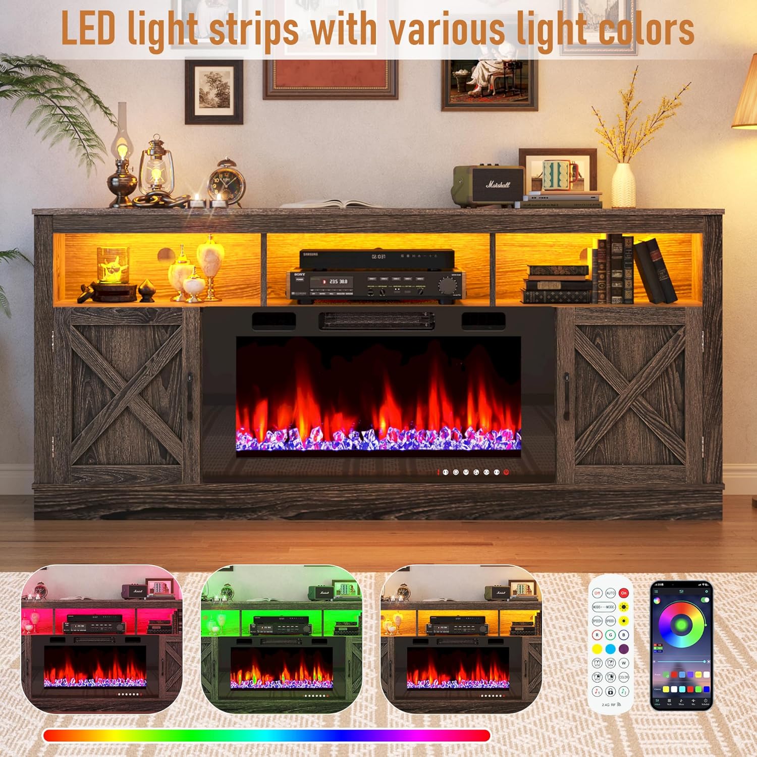 Fireplace TV Stand for 70/75/80 Inch TV with 36" Electric Fireplace, 70" Farmhouse Entertainment Center with LED Lights, Tall Media Console with Barn Door for Living Room, Bedroom