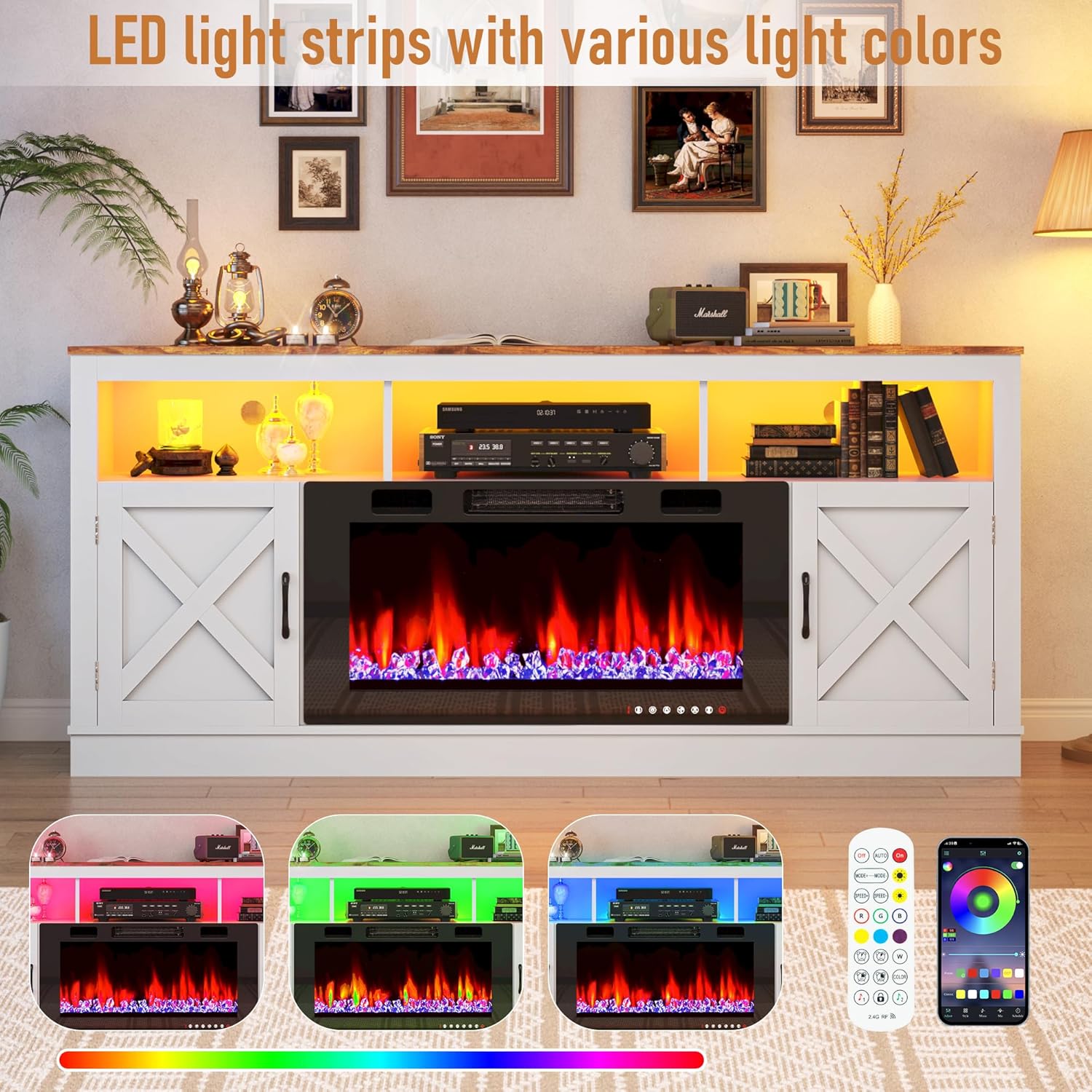 Fireplace TV Stand for 70/75/80 Inch TV with 36" Electric Fireplace, 70" Farmhouse Entertainment Center with LED Lights, Tall Media Console with Barn Door for Living Room, Bedroom