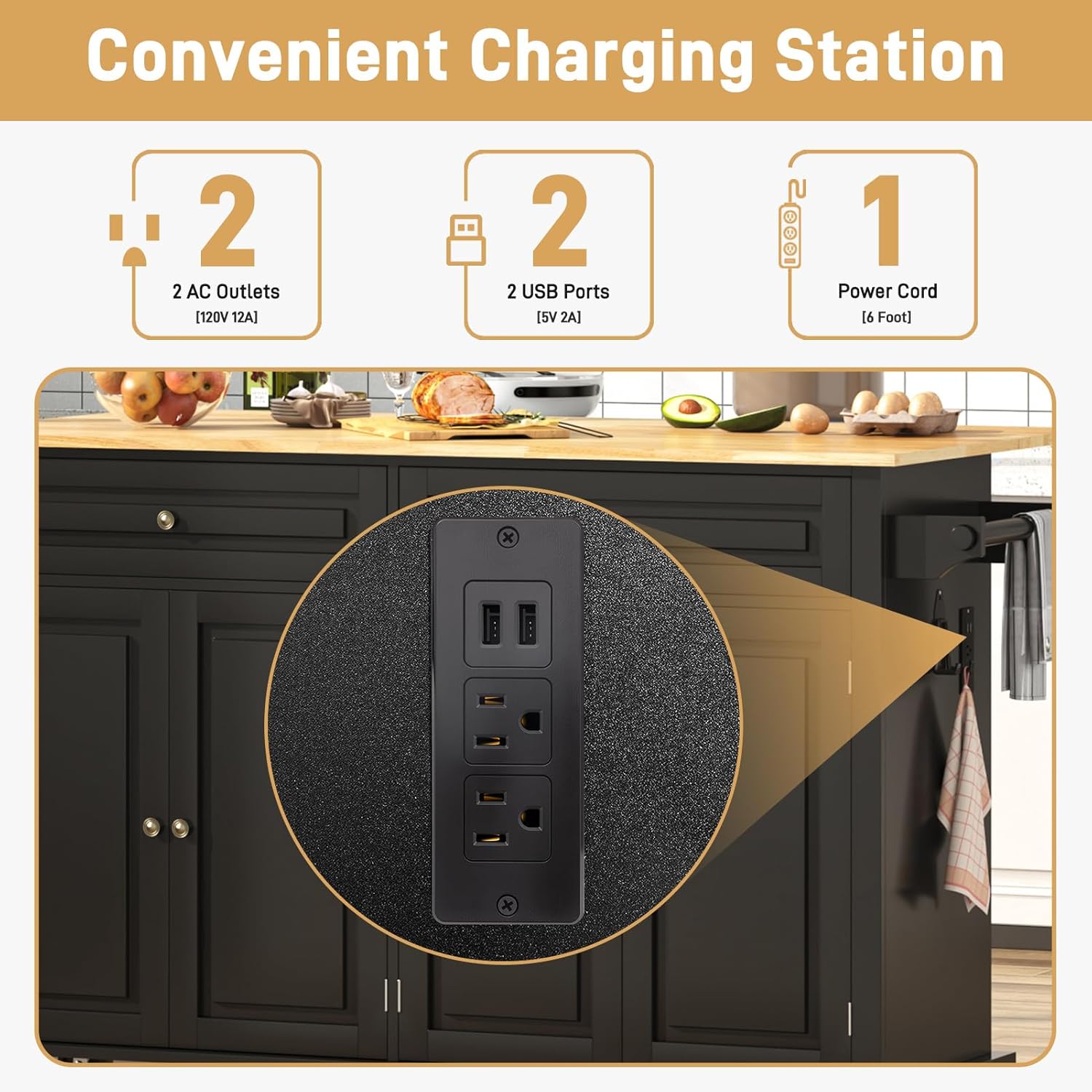 ANPOO 55" Movable Kitchen Island with Drop Leaf and Power Outlet, Rolling Kitchen Cart with Rubber wood Countertop, Island Table on Wheels for Kitchen w/2 Drawers, Spice Rack, Adjustable Shelves