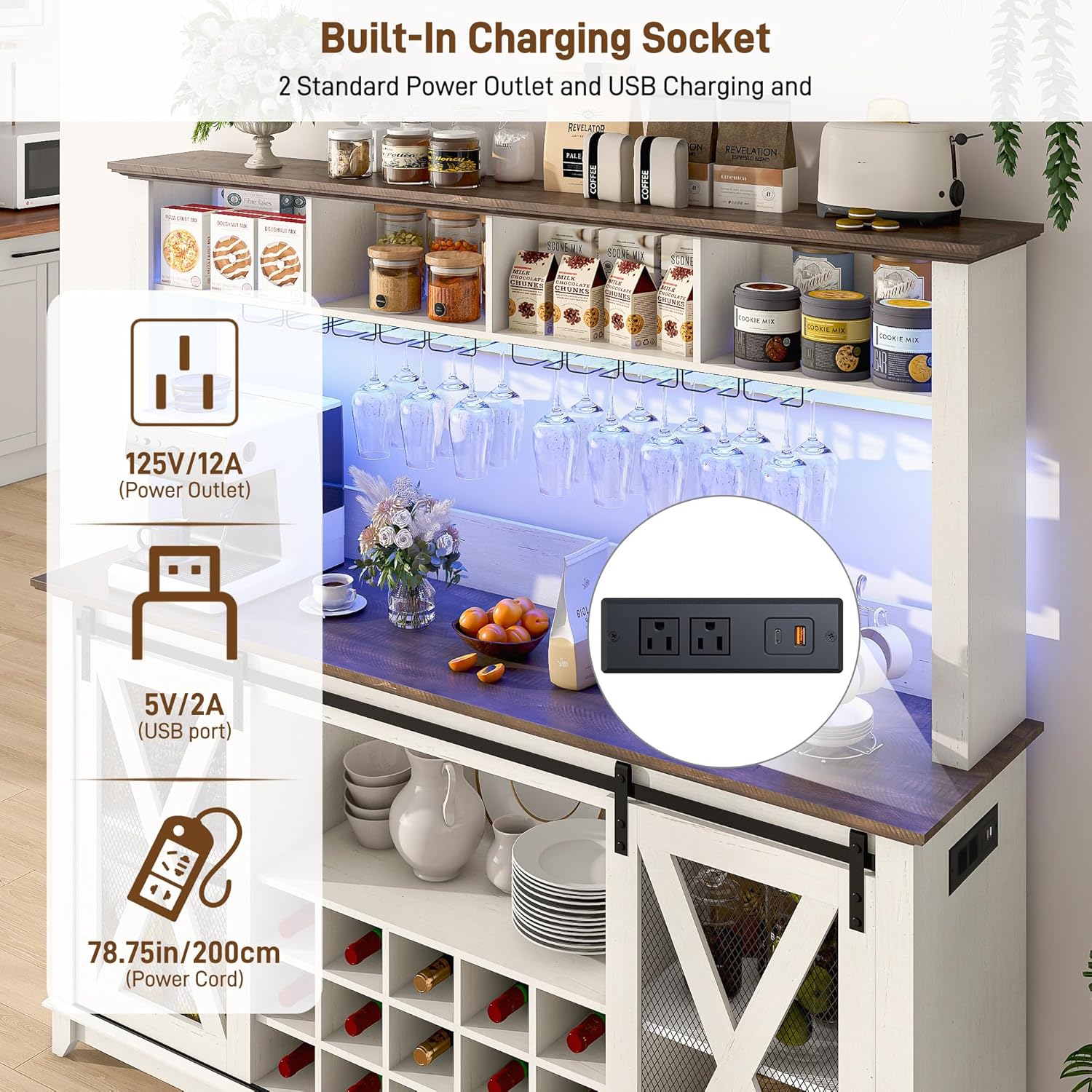 ANPOO 63"W Farmhouse Coffee Bar Cabinet with Power Outlet and LED Light, 58"H Wine Bar Cabinet with 4 Tier Storage Hutch, Kitchen Buffet Cabinet with 15 Wine and Glass Racks for Kitchen Dining Room