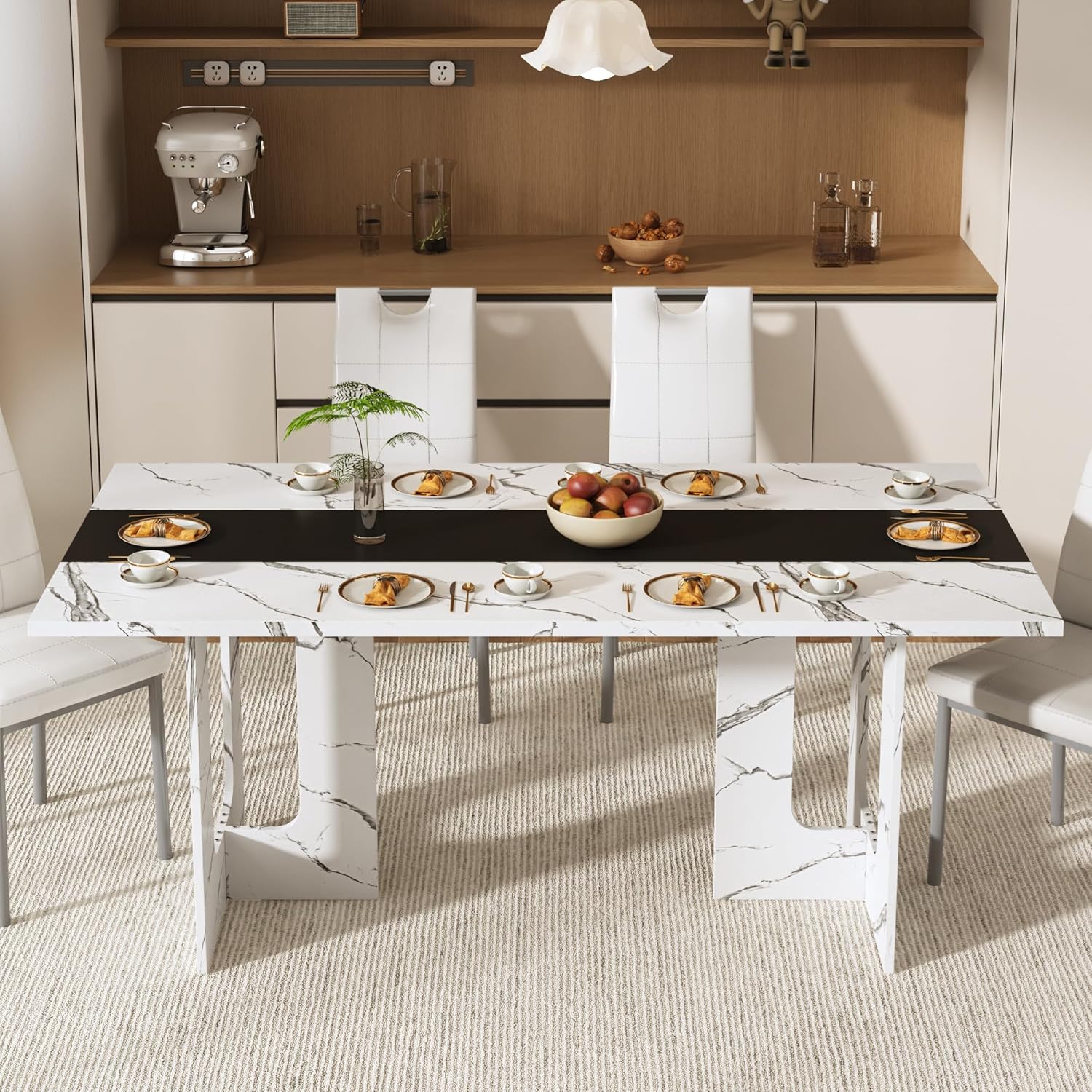ANPOO 7 Piece Dining Table Set with 6 Chairs, 71" Kitchen Table & Chairs Set for 4-8 People, Rectangle Dining Table with Wooden Legs for Dining Room, Living Room