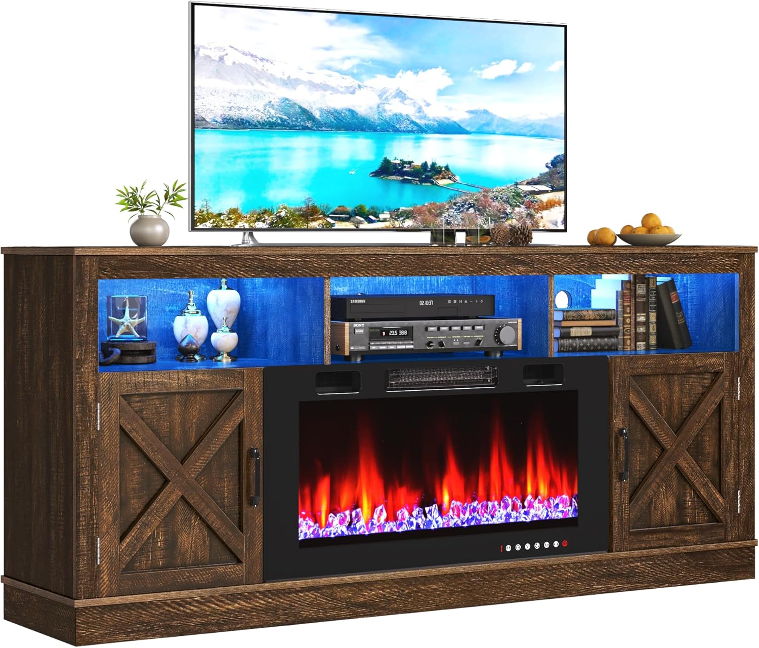 Fireplace TV Stand for 70/75/80 Inch TV with 36" Electric Fireplace, 70" Farmhouse Entertainment Center with LED Lights, Tall Media Console with Barn Door for Living Room, Bedroom
