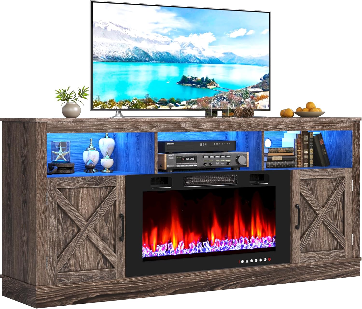 Fireplace TV Stand for 70/75/80 Inch TV with 36" Electric Fireplace, 70" Farmhouse Entertainment Center with LED Lights, Tall Media Console with Barn Door for Living Room, Bedroom