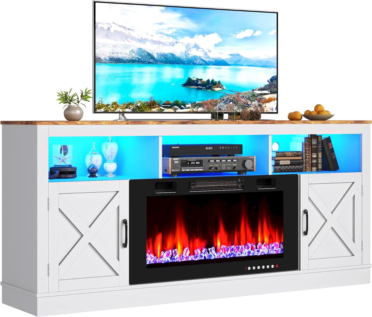 Fireplace TV Stand for 70/75/80 Inch TV with 36" Electric Fireplace, 70" Farmhouse Entertainment Center with LED Lights, Tall Media Console with Barn Door for Living Room, Bedroom