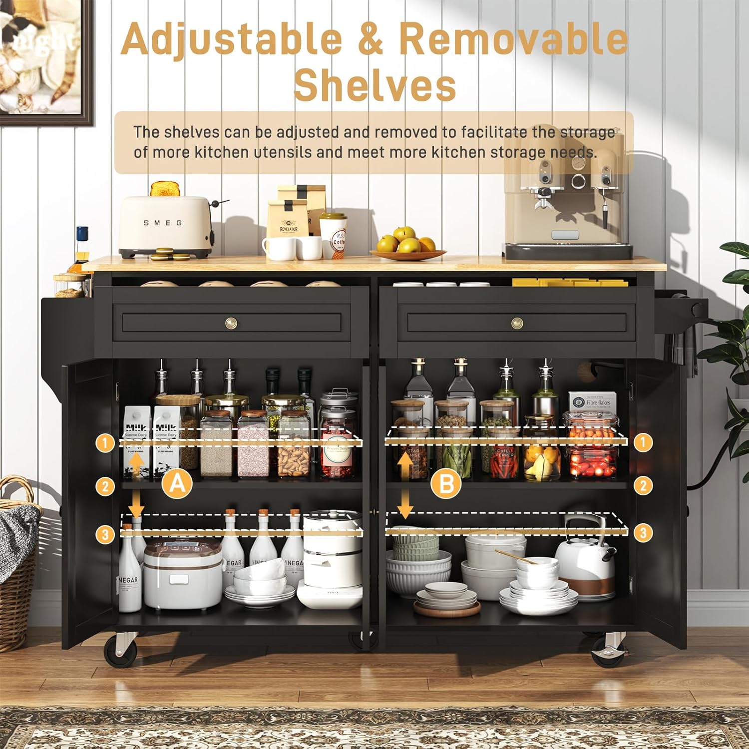 ANPOO 55" Movable Kitchen Island with Drop Leaf and Power Outlet, Rolling Kitchen Cart with Rubber wood Countertop, Island Table on Wheels for Kitchen w/2 Drawers, Spice Rack, Adjustable Shelves