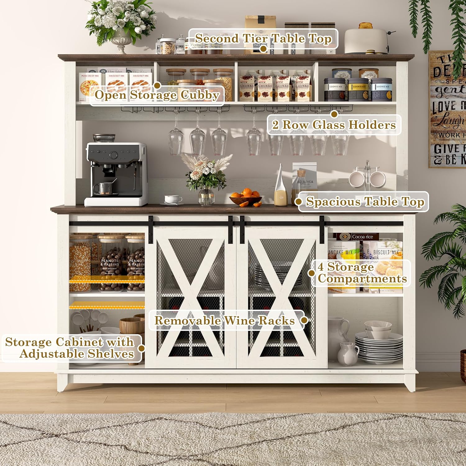 ANPOO 63"W Farmhouse Coffee Bar Cabinet with Power Outlet and LED Light, 58"H Wine Bar Cabinet with 4 Tier Storage Hutch, Kitchen Buffet Cabinet with 15 Wine and Glass Racks for Kitchen Dining Room