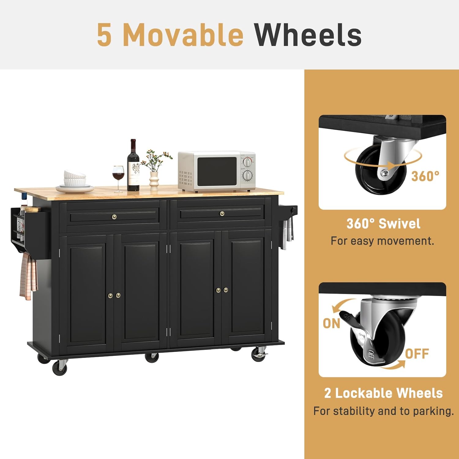 ANPOO 55" Movable Kitchen Island with Drop Leaf and Power Outlet, Rolling Kitchen Cart with Rubber wood Countertop, Island Table on Wheels for Kitchen w/2 Drawers, Spice Rack, Adjustable Shelves