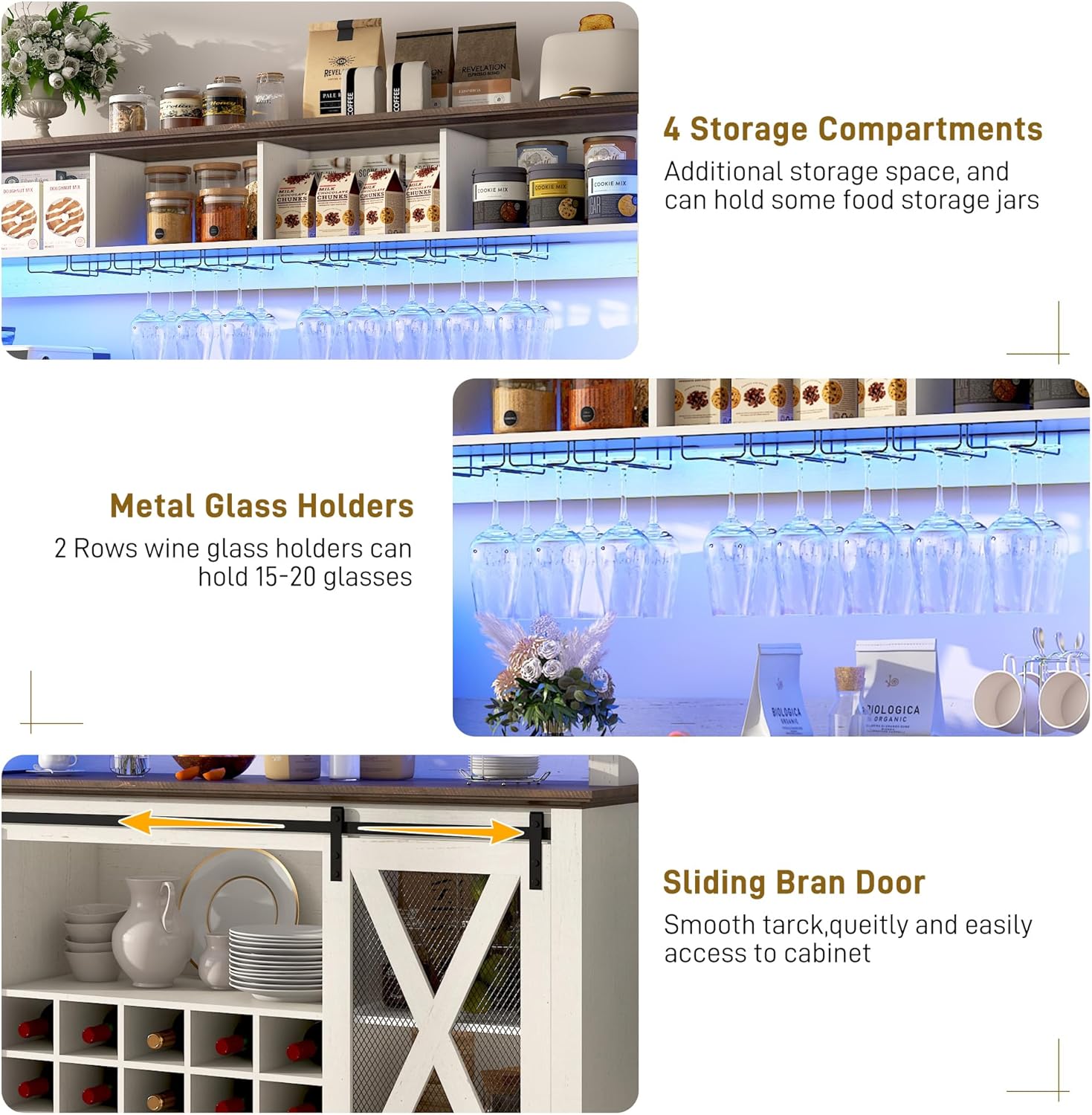 ANPOO 63"W Farmhouse Coffee Bar Cabinet with Power Outlet and LED Light, 58"H Wine Bar Cabinet with 4 Tier Storage Hutch, Kitchen Buffet Cabinet with 15 Wine and Glass Racks for Kitchen Dining Room