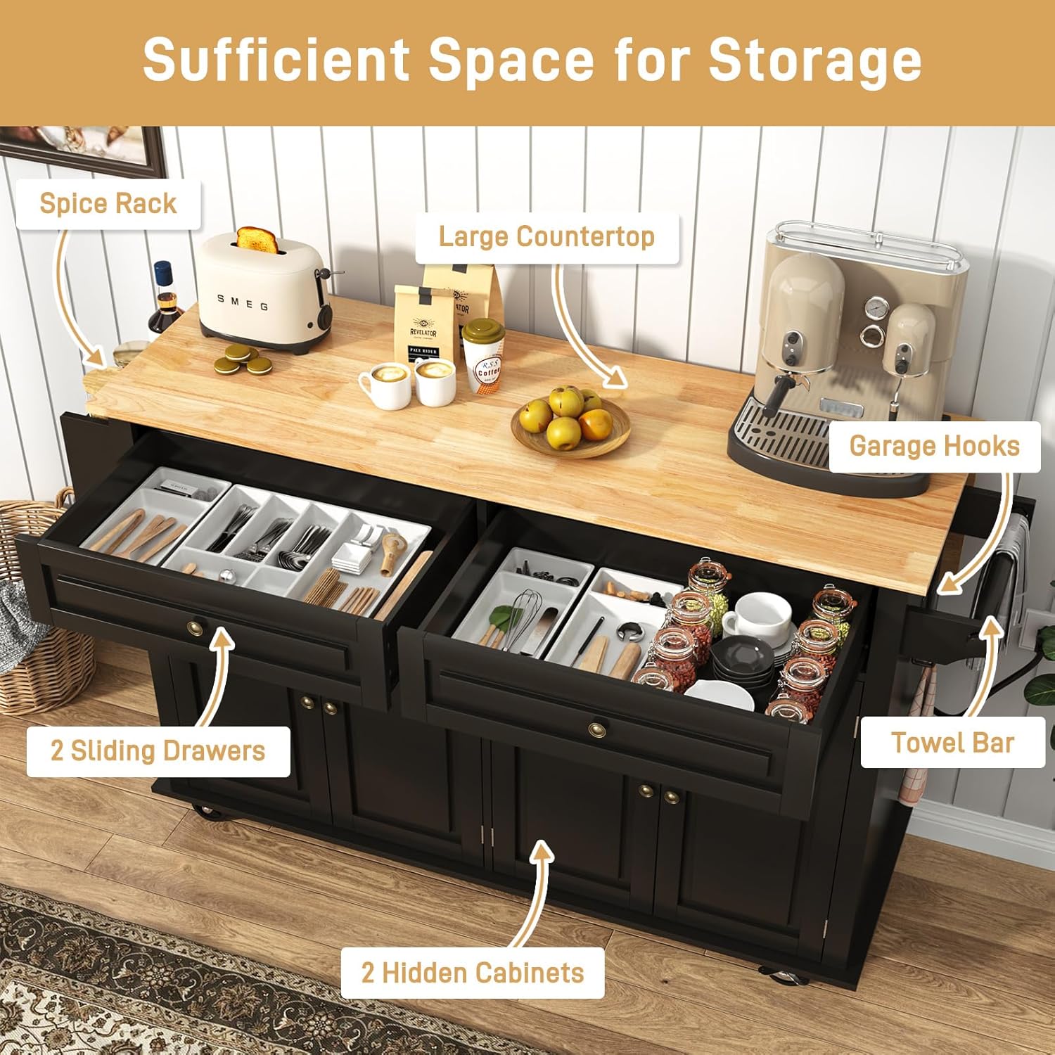 ANPOO 55" Movable Kitchen Island with Drop Leaf and Power Outlet, Rolling Kitchen Cart with Rubber wood Countertop, Island Table on Wheels for Kitchen w/2 Drawers, Spice Rack, Adjustable Shelves