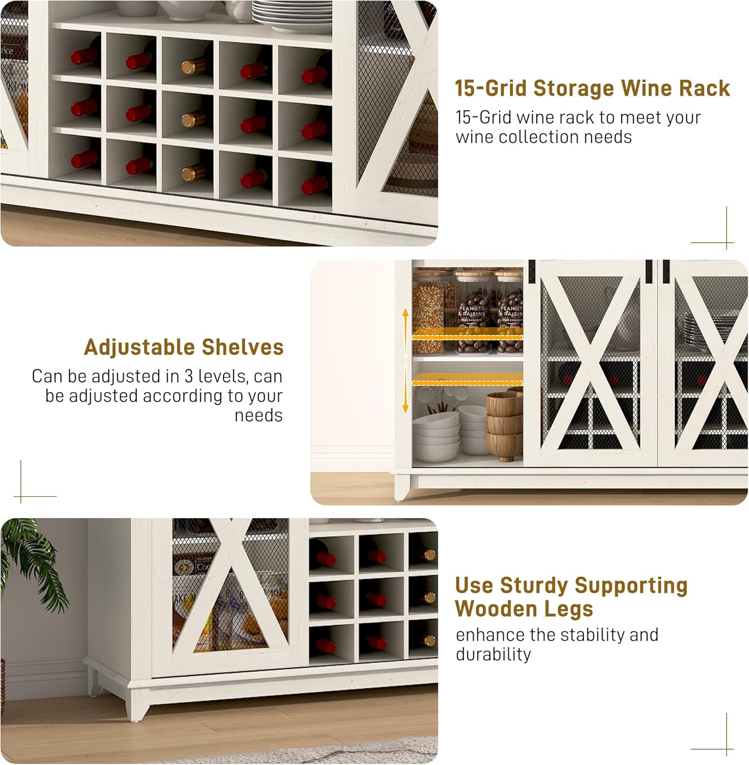 ANPOO 63"W Farmhouse Coffee Bar Cabinet with Power Outlet and LED Light, 58"H Wine Bar Cabinet with 4 Tier Storage Hutch, Kitchen Buffet Cabinet with 15 Wine and Glass Racks for Kitchen Dining Room