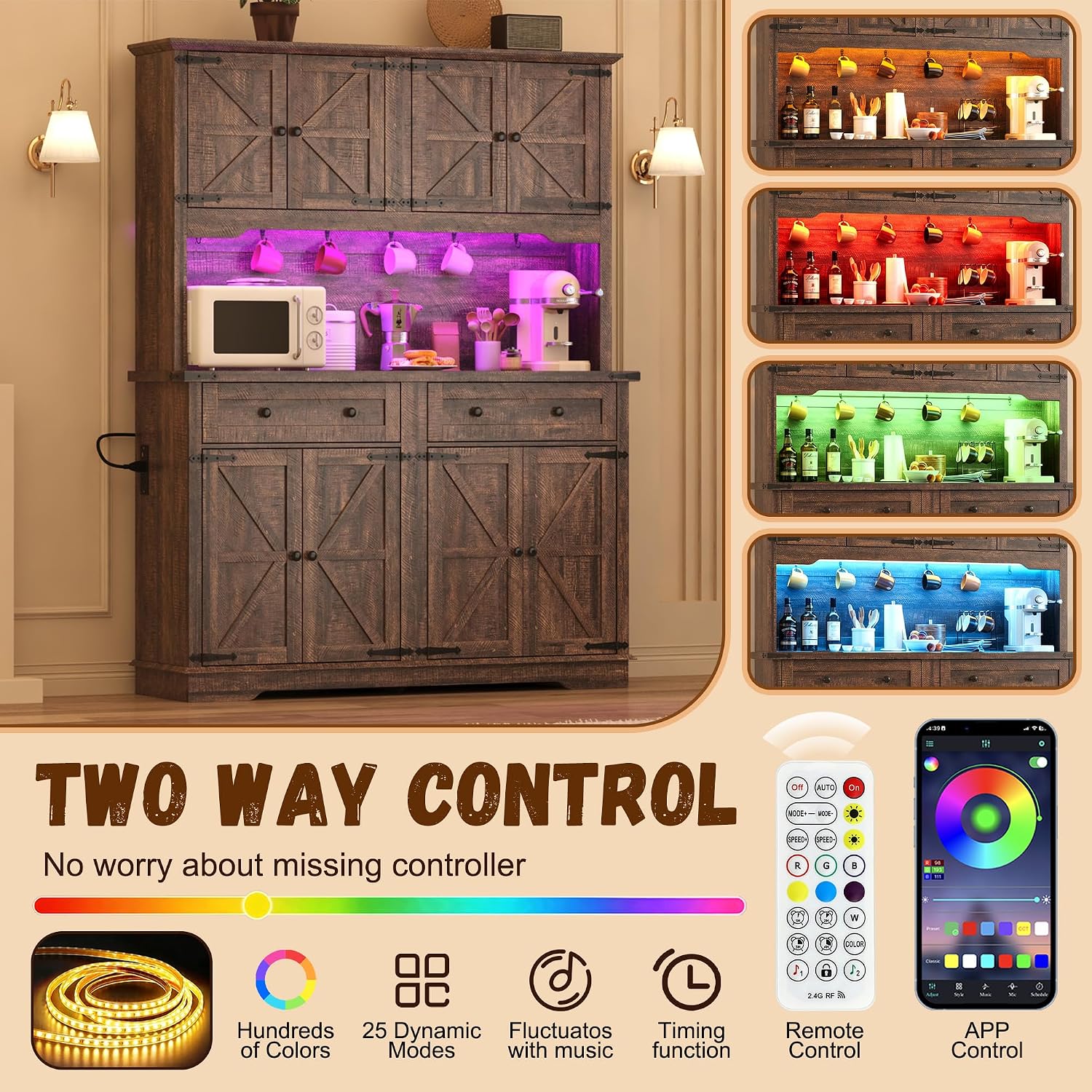 ANPOO 71" Tall Farmhouse Kitchen Pantry Cabinet with LED Light, Power Outlet & 8 Doors with Door-mounted Storage, Large Freestanding Storage Hutch with Open Countertop for Dining Room, Living Room