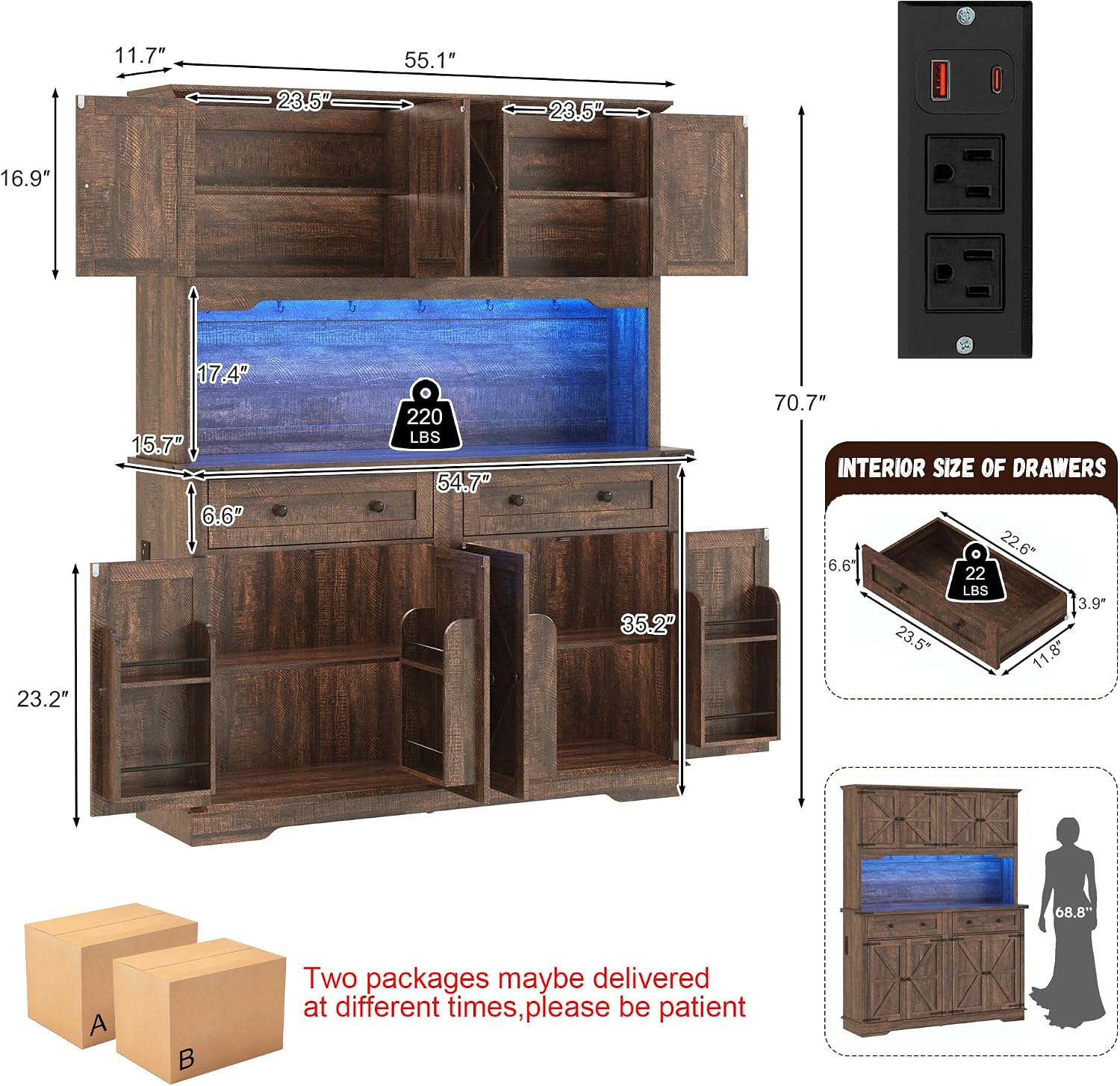 ANPOO 71" Tall Farmhouse Kitchen Pantry Cabinet with LED Light, Power Outlet & 8 Doors with Door-mounted Storage, Large Freestanding Storage Hutch with Open Countertop for Dining Room, Living Room