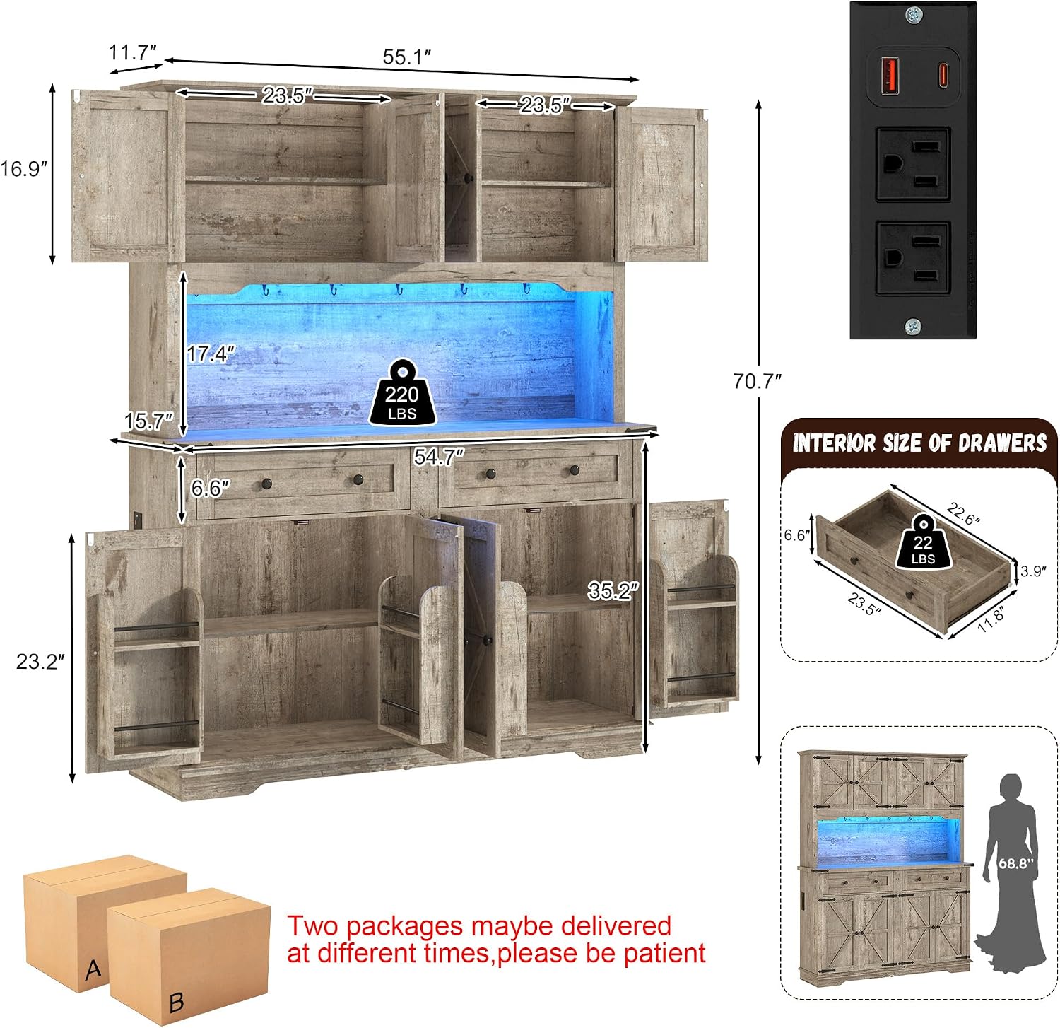 ANPOO 71" Tall Farmhouse Kitchen Pantry Cabinet with LED Light, Power Outlet & 8 Doors with Door-mounted Storage, Large Freestanding Storage Hutch with Open Countertop for Dining Room, Living Room