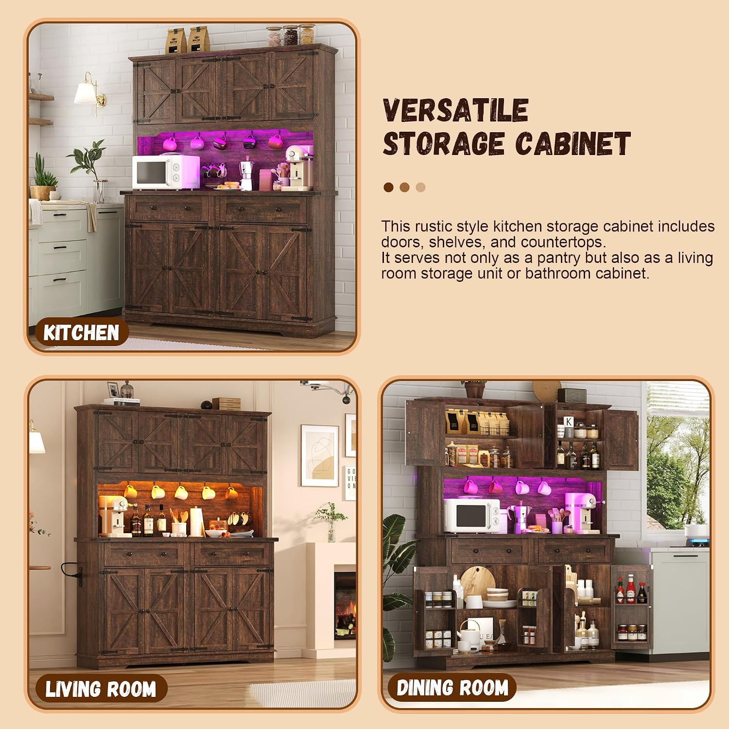 ANPOO 71" Tall Farmhouse Kitchen Pantry Cabinet with LED Light, Power Outlet & 8 Doors with Door-mounted Storage, Large Freestanding Storage Hutch with Open Countertop for Dining Room, Living Room