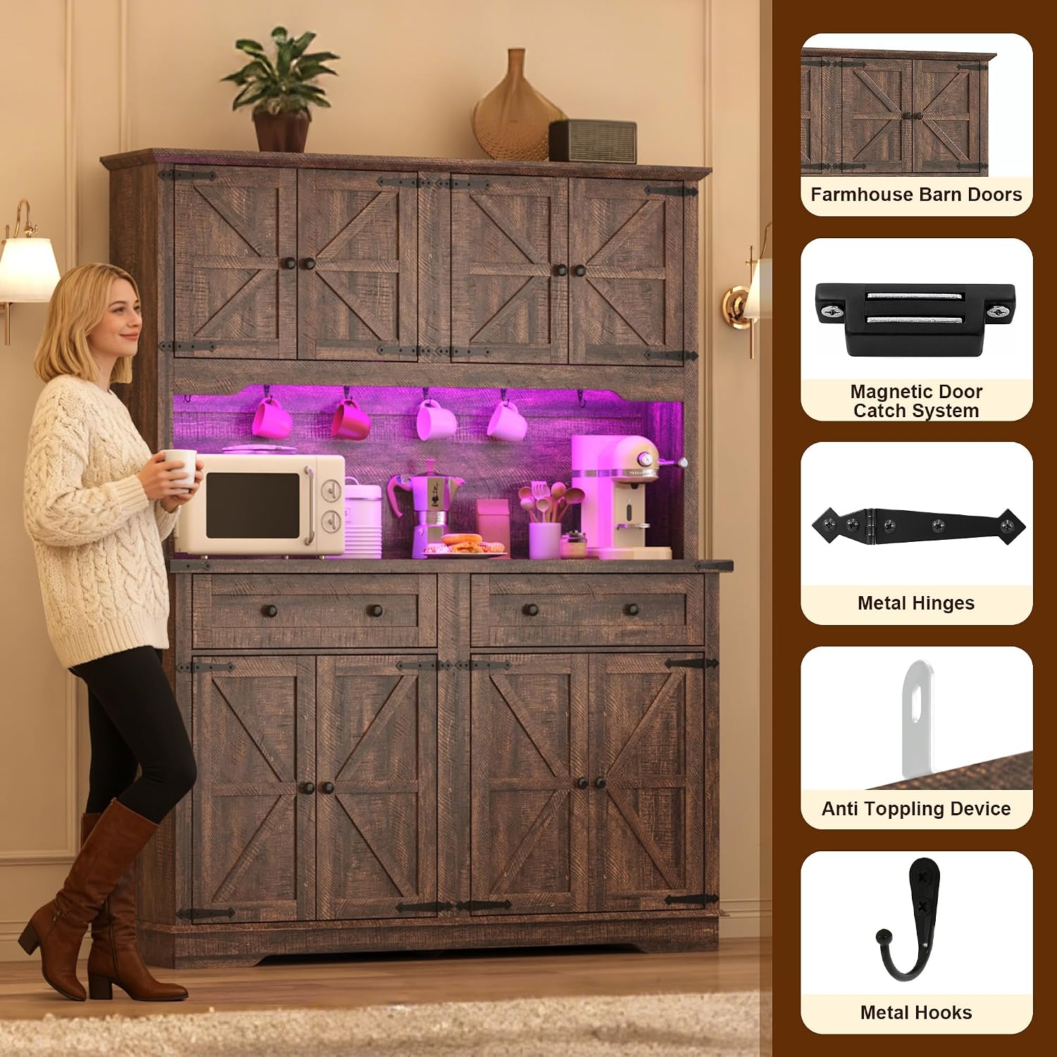 ANPOO 71" Tall Farmhouse Kitchen Pantry Cabinet with LED Light, Power Outlet & 8 Doors with Door-mounted Storage, Large Freestanding Storage Hutch with Open Countertop for Dining Room, Living Room