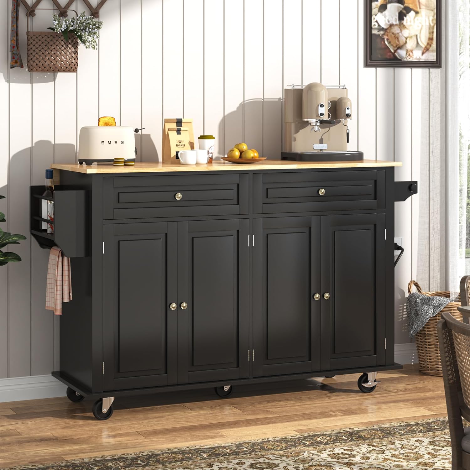 ANPOO 55" Movable Kitchen Island with Drop Leaf and Power Outlet, Rolling Kitchen Cart with Rubber wood Countertop, Island Table on Wheels for Kitchen w/2 Drawers, Spice Rack, Adjustable Shelves
