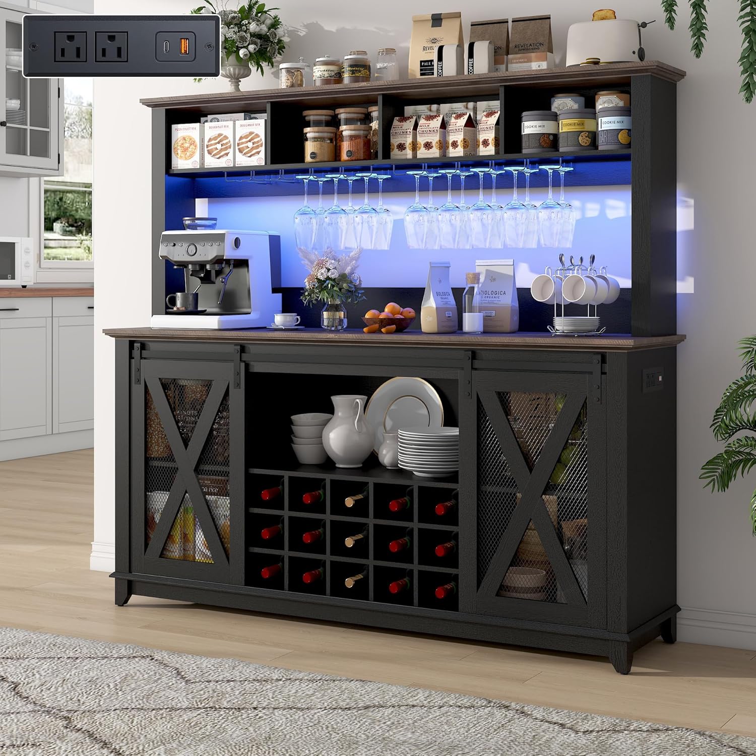 ANPOO 63"W Farmhouse Coffee Bar Cabinet with Power Outlet and LED Light, 58"H Wine Bar Cabinet with 4 Tier Storage Hutch, Kitchen Buffet Cabinet with 15 Wine and Glass Racks for Kitchen Dining Room
