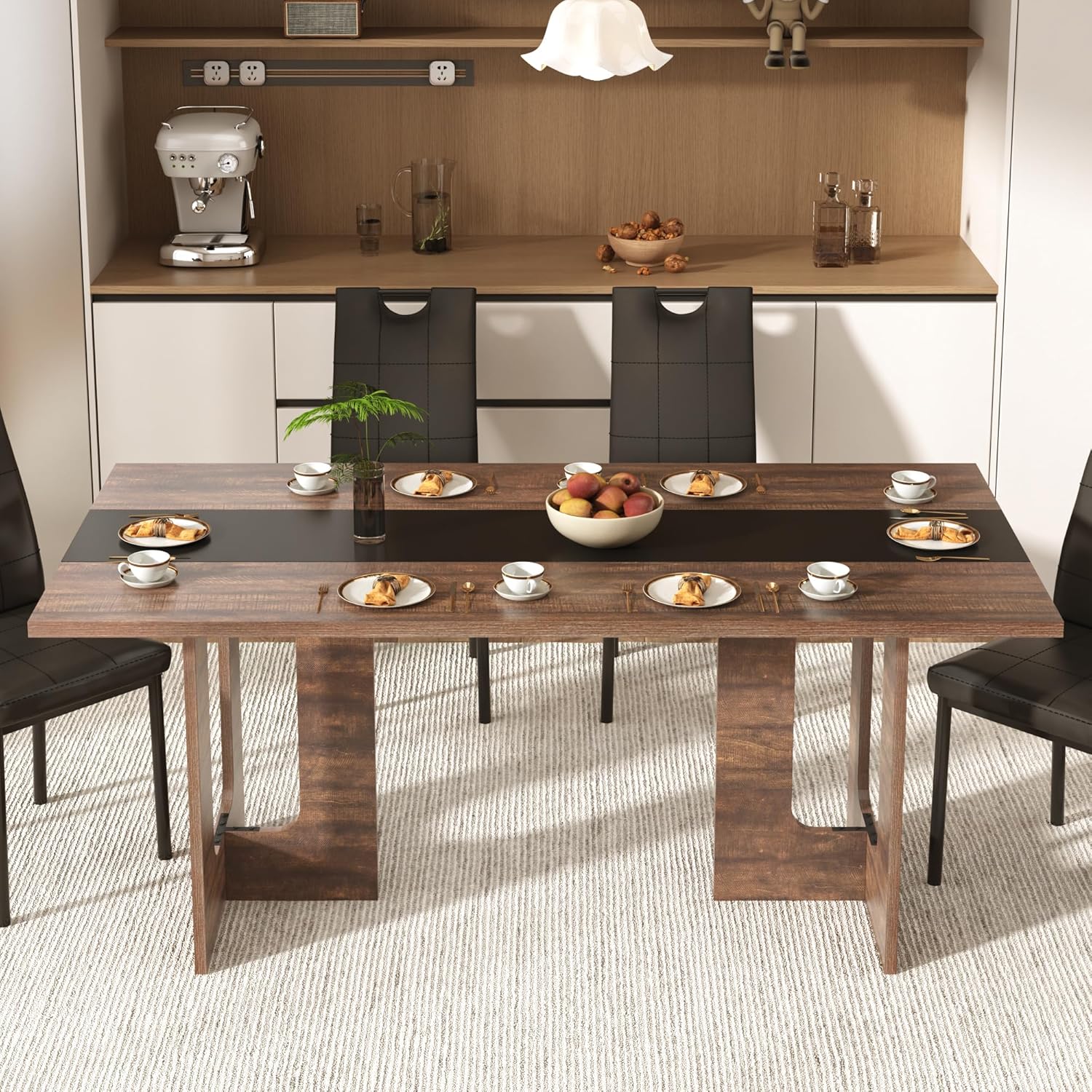 ANPOO 7 Piece Dining Table Set with 6 Chairs, 71" Kitchen Table & Chairs Set for 4-8 People, Rectangle Dining Table with Wooden Legs for Dining Room, Living Room