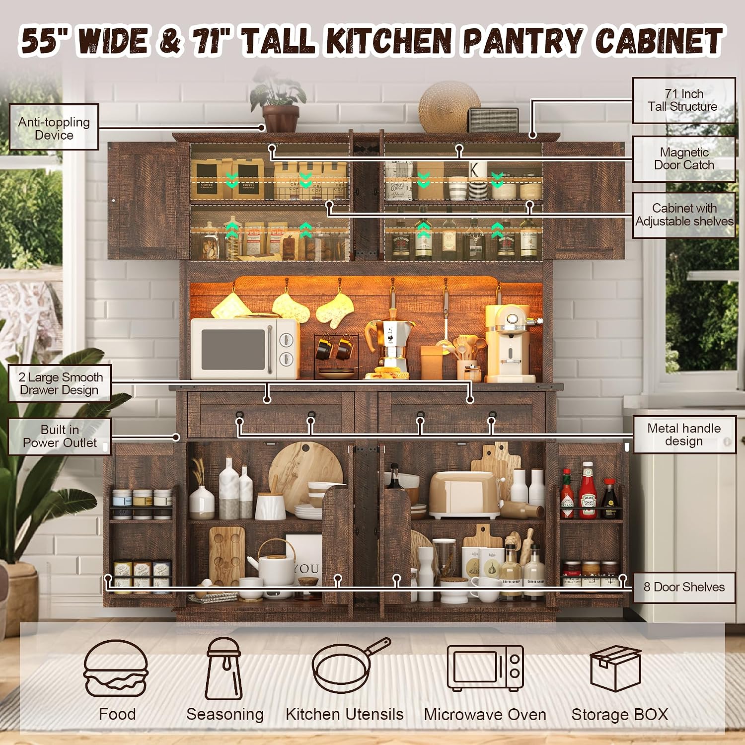 ANPOO 71" Tall Farmhouse Kitchen Pantry Cabinet with LED Light, Power Outlet & 8 Doors with Door-mounted Storage, Large Freestanding Storage Hutch with Open Countertop for Dining Room, Living Room