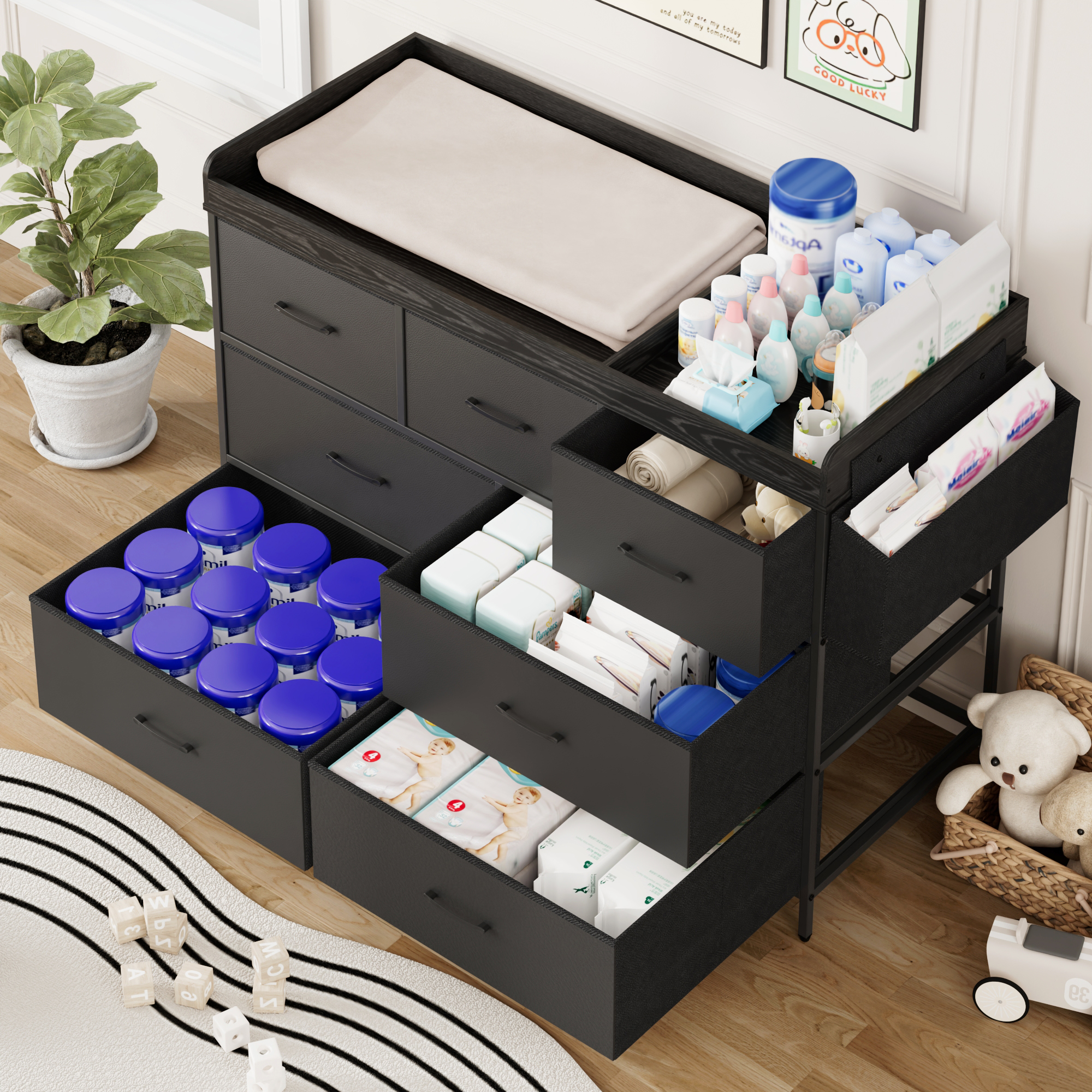 ANPOO Changing Table Dresser with Storage, Baby Dresser with Changing Table Top, Waterproof Diaper Changing Station with 7 Fabric Drawers for Nursery Modern