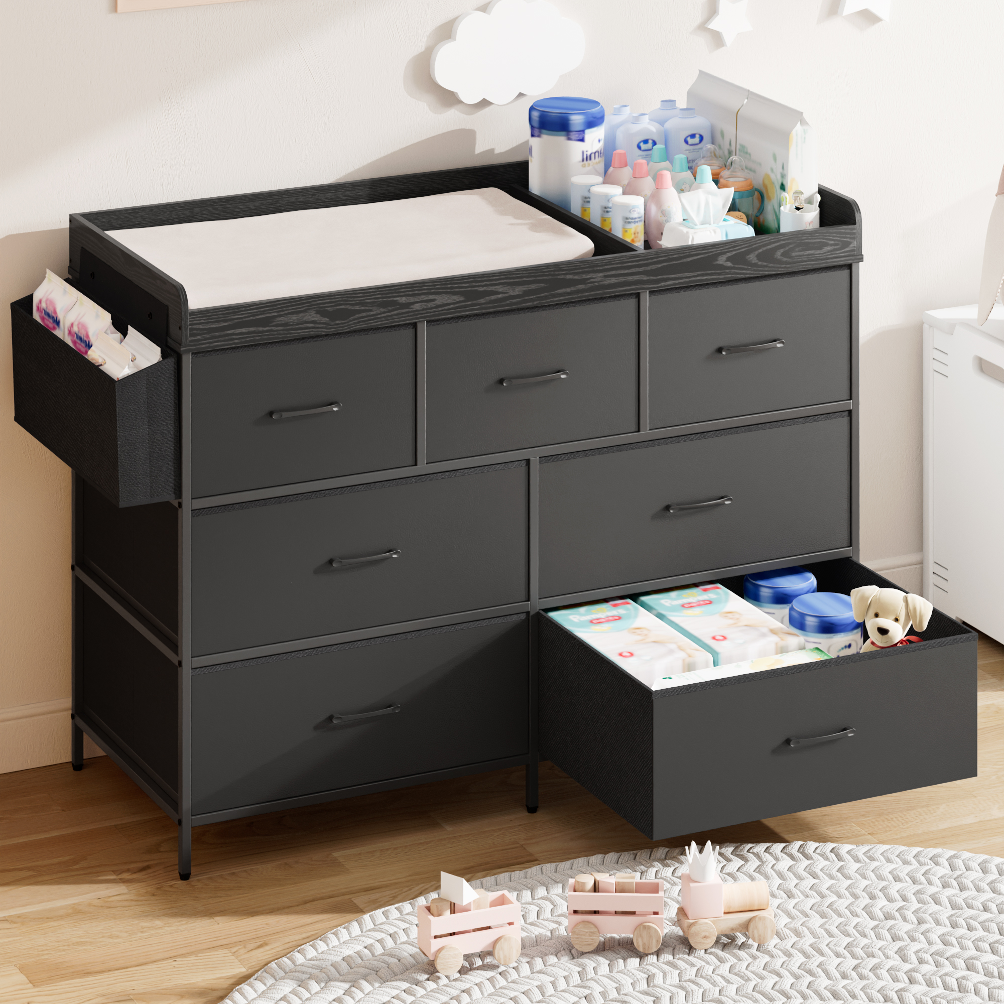 ANPOO Changing Table Dresser with Storage, Baby Dresser with Changing Table Top, Waterproof Diaper Changing Station with 7 Fabric Drawers for Nursery Modern