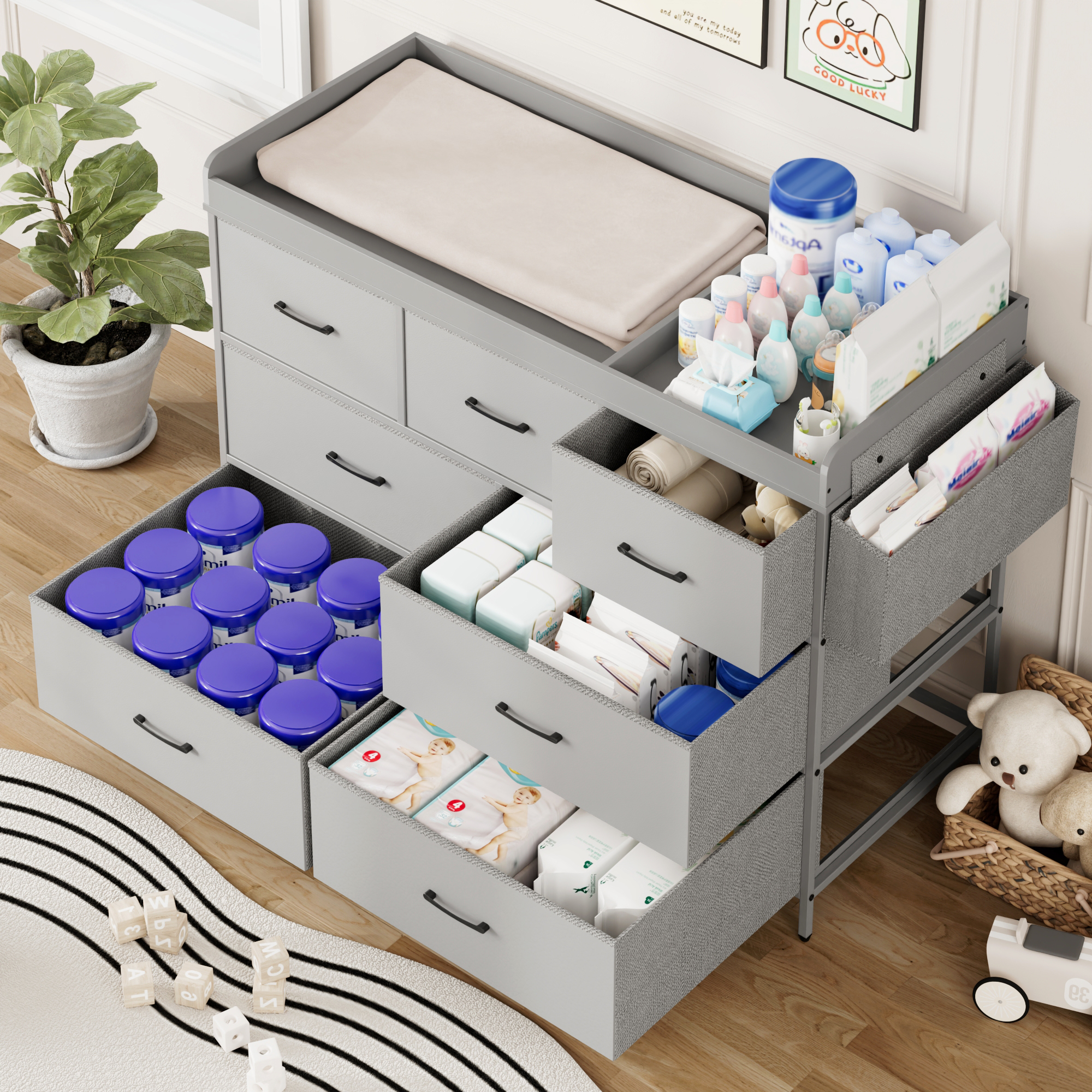 ANPOO Changing Table Dresser with Storage, Baby Dresser with Changing Table Top, Waterproof Diaper Changing Station with 7 Fabric Drawers for Nursery Modern