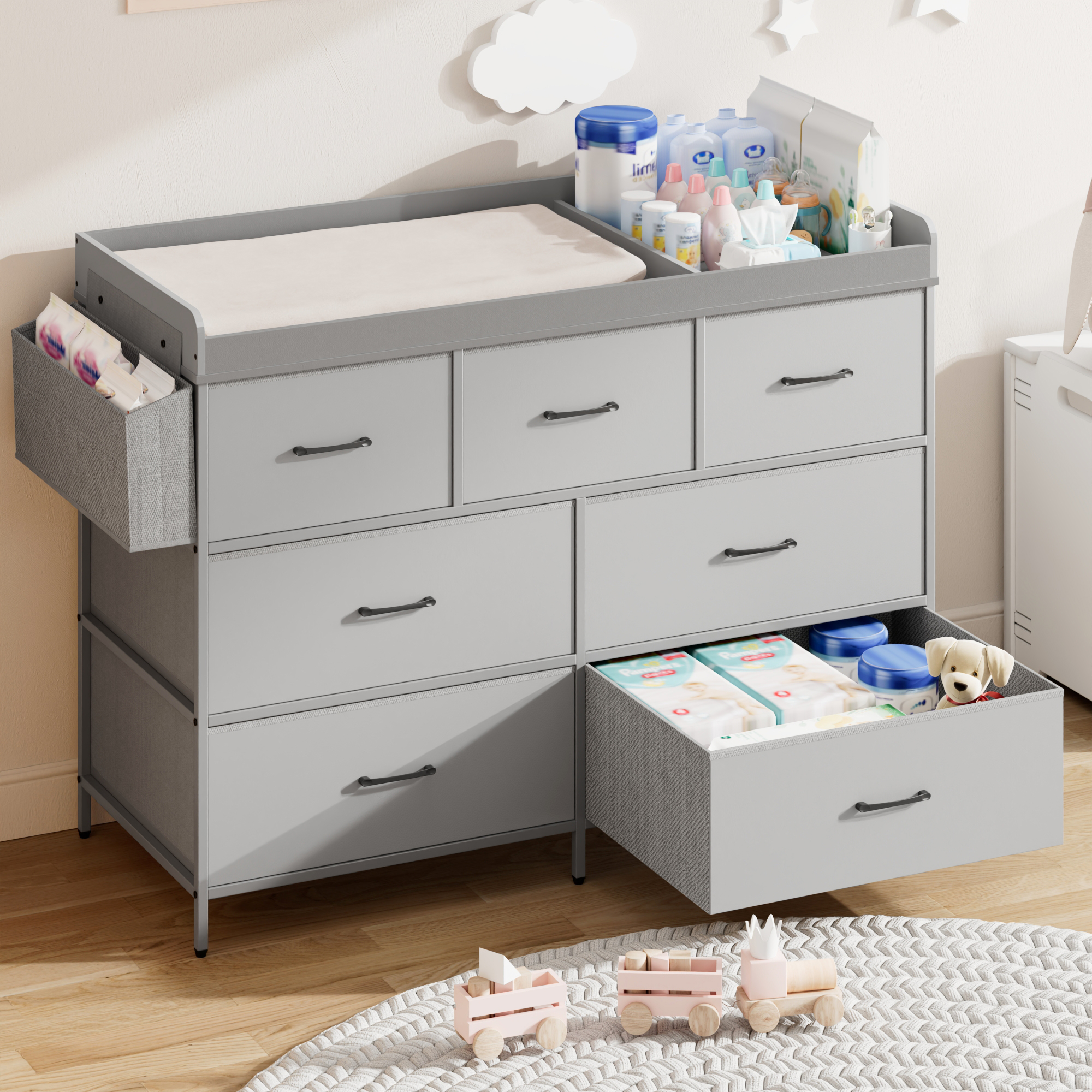 ANPOO Changing Table Dresser with Storage, Baby Dresser with Changing Table Top, Waterproof Diaper Changing Station with 7 Fabric Drawers for Nursery Modern