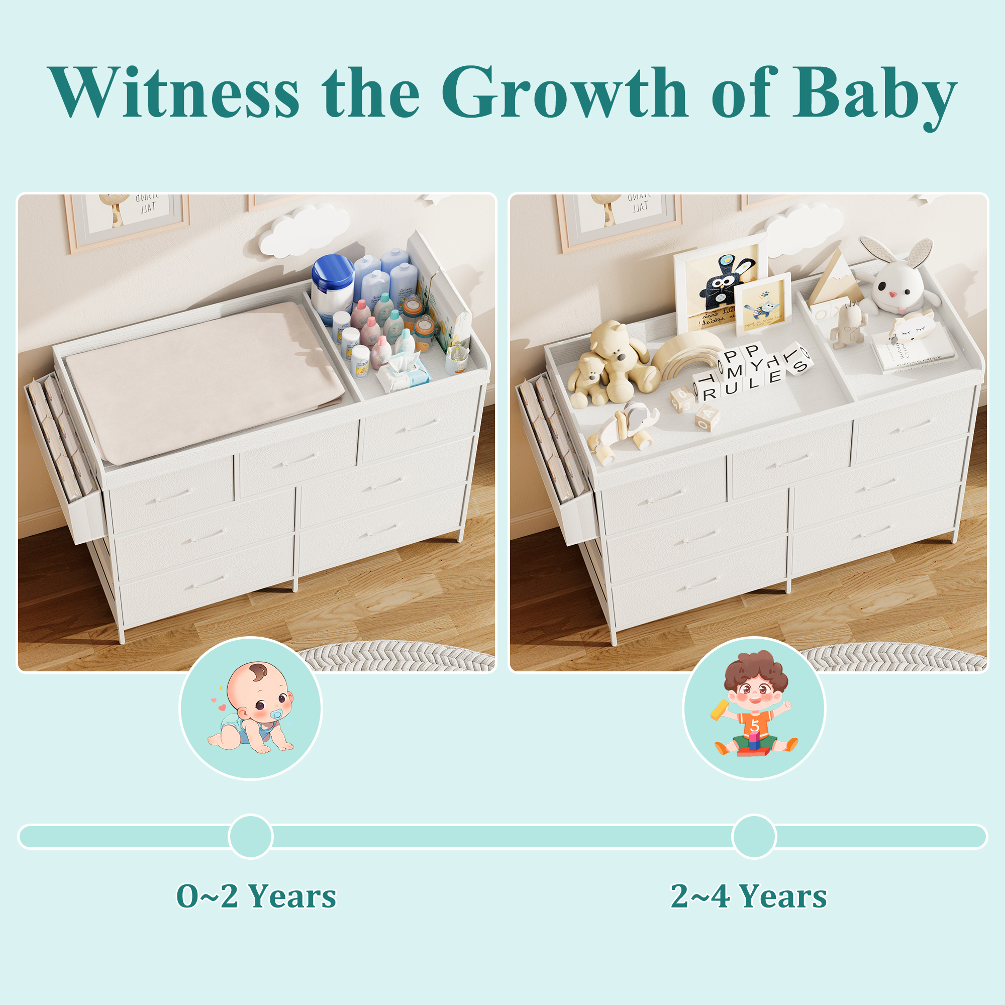 ANPOO Changing Table Dresser with Storage, Baby Dresser with Changing Table Top, Waterproof Diaper Changing Station with 7 Fabric Drawers for Nursery Modern