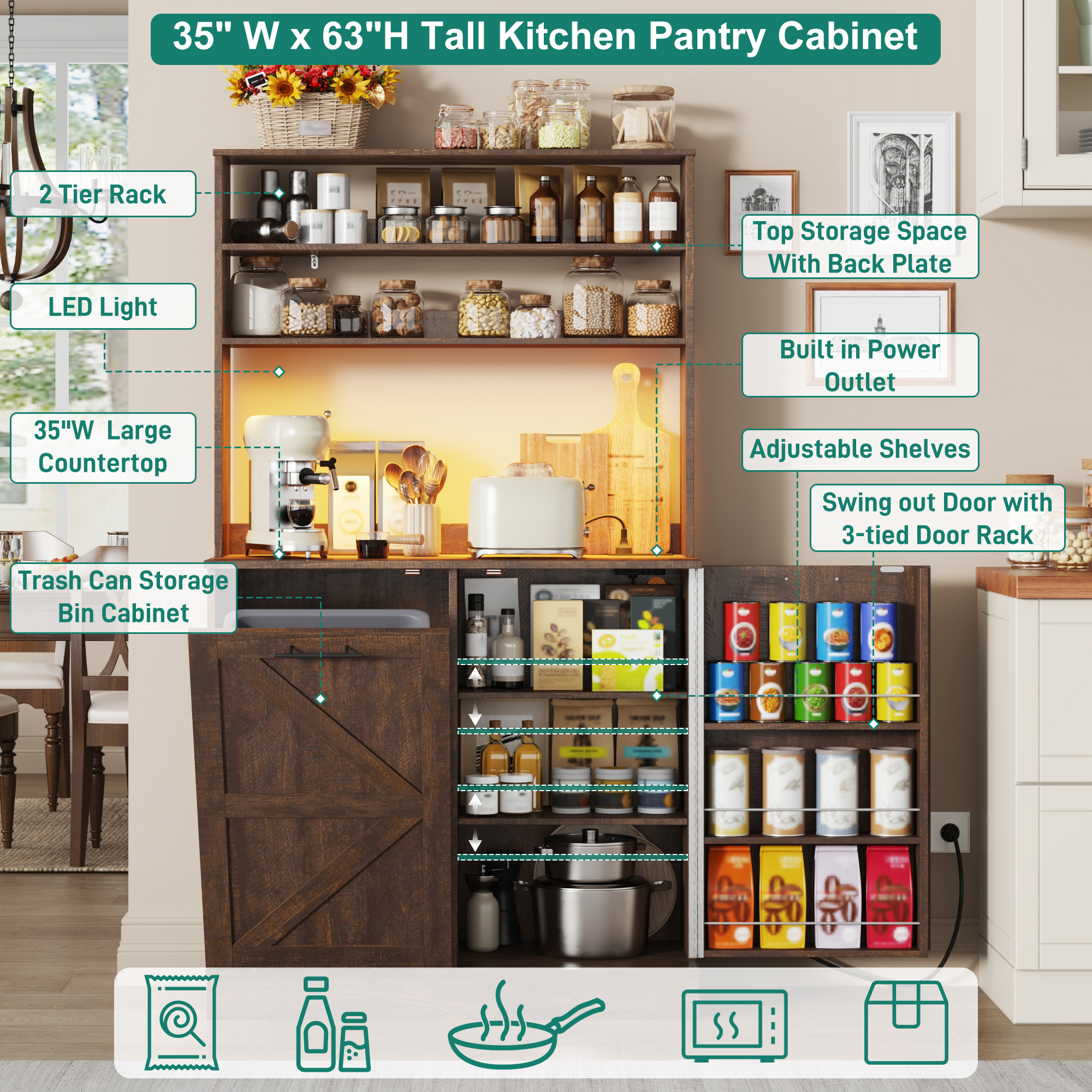 ANPOO Farmhouse Kitchen Bakers Rack with 10 Gallon Tilt Out Trash Can Cabinet, Pantry Cabinet with LED Light, Power Outlet, Storage Shelf, 6-Tiers Tall Coffee Bar with Hutch for Kitchen Living Room