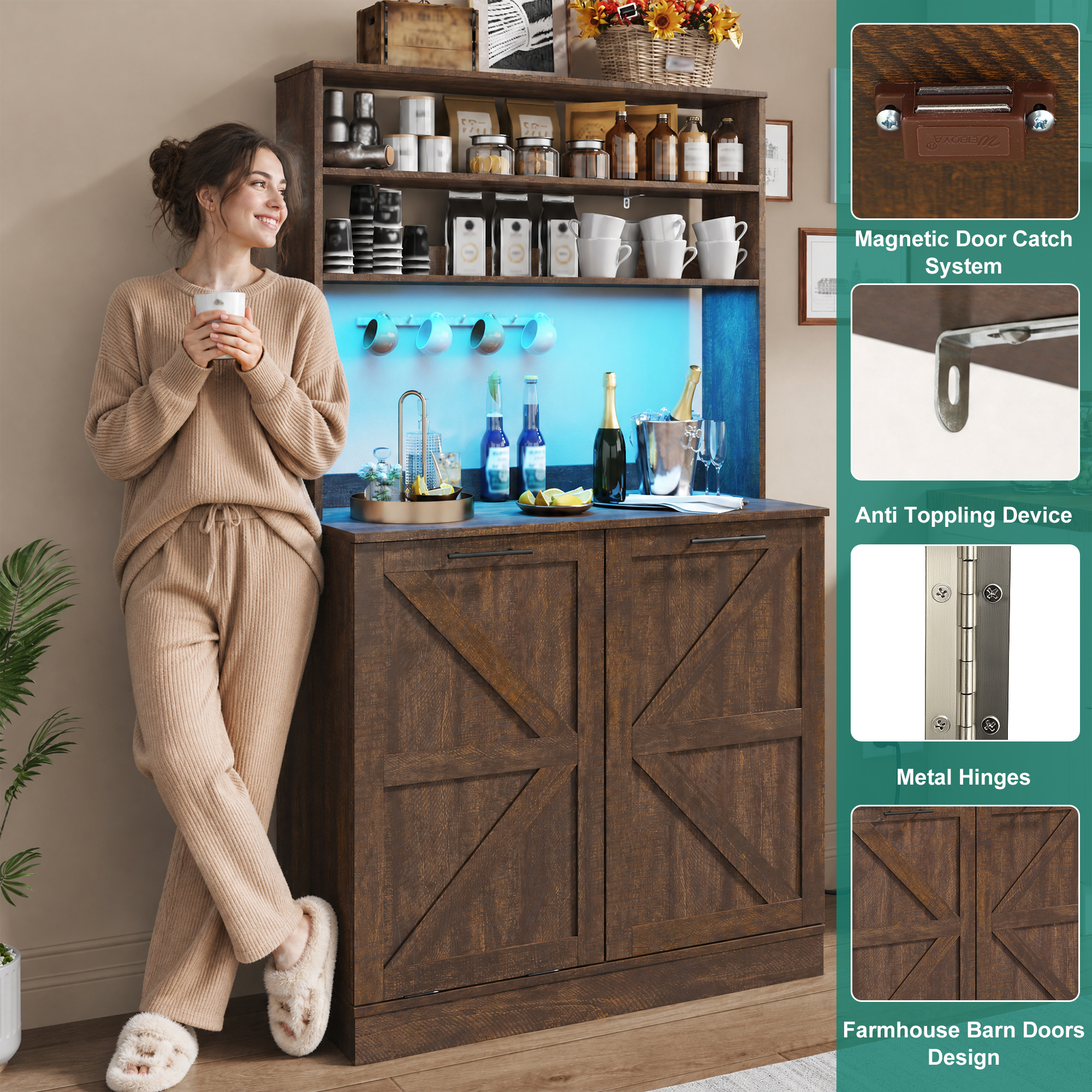 ANPOO Farmhouse Kitchen Bakers Rack with 10 Gallon Tilt Out Trash Can Cabinet, Pantry Cabinet with LED Light, Power Outlet, Storage Shelf, 6-Tiers Tall Coffee Bar with Hutch for Kitchen Living Room