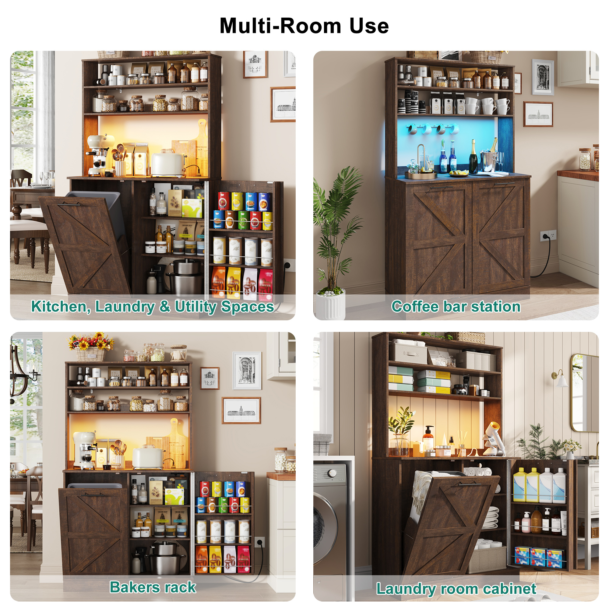 ANPOO Farmhouse Kitchen Bakers Rack with 10 Gallon Tilt Out Trash Can Cabinet, Pantry Cabinet with LED Light, Power Outlet, Storage Shelf, 6-Tiers Tall Coffee Bar with Hutch for Kitchen Living Room