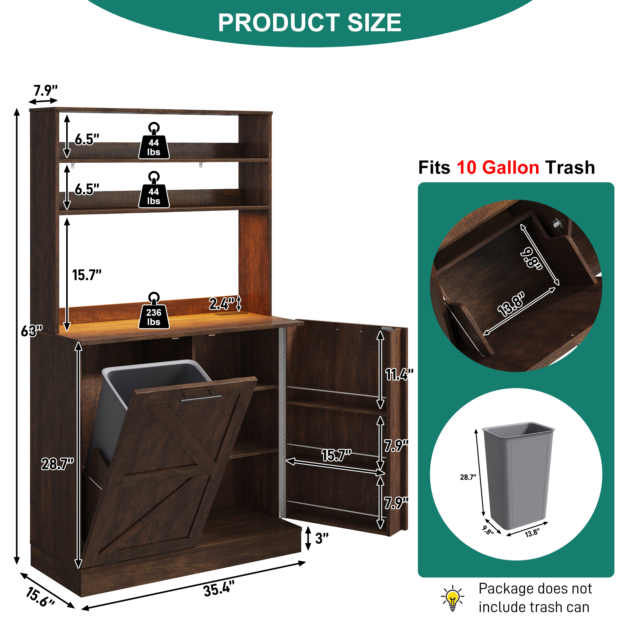 ANPOO Farmhouse Kitchen Bakers Rack with 10 Gallon Tilt Out Trash Can Cabinet, Pantry Cabinet with LED Light, Power Outlet, Storage Shelf, 6-Tiers Tall Coffee Bar with Hutch for Kitchen Living Room