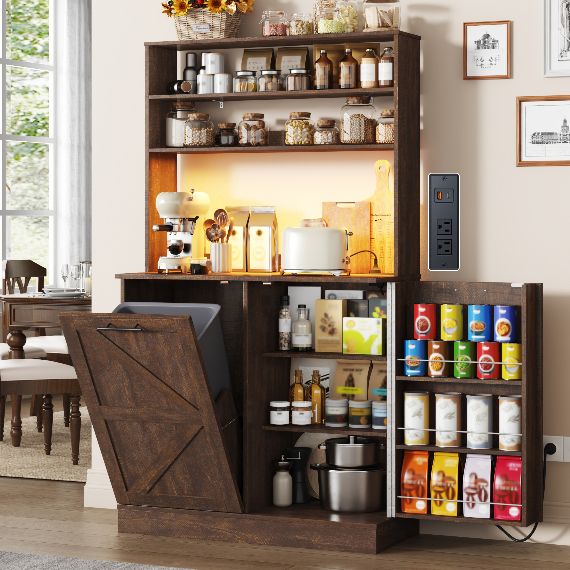 ANPOO Farmhouse Kitchen Bakers Rack with 10 Gallon Tilt Out Trash Can Cabinet, Pantry Cabinet with LED Light, Power Outlet, Storage Shelf, 6-Tiers Tall Coffee Bar with Hutch for Kitchen Living Room