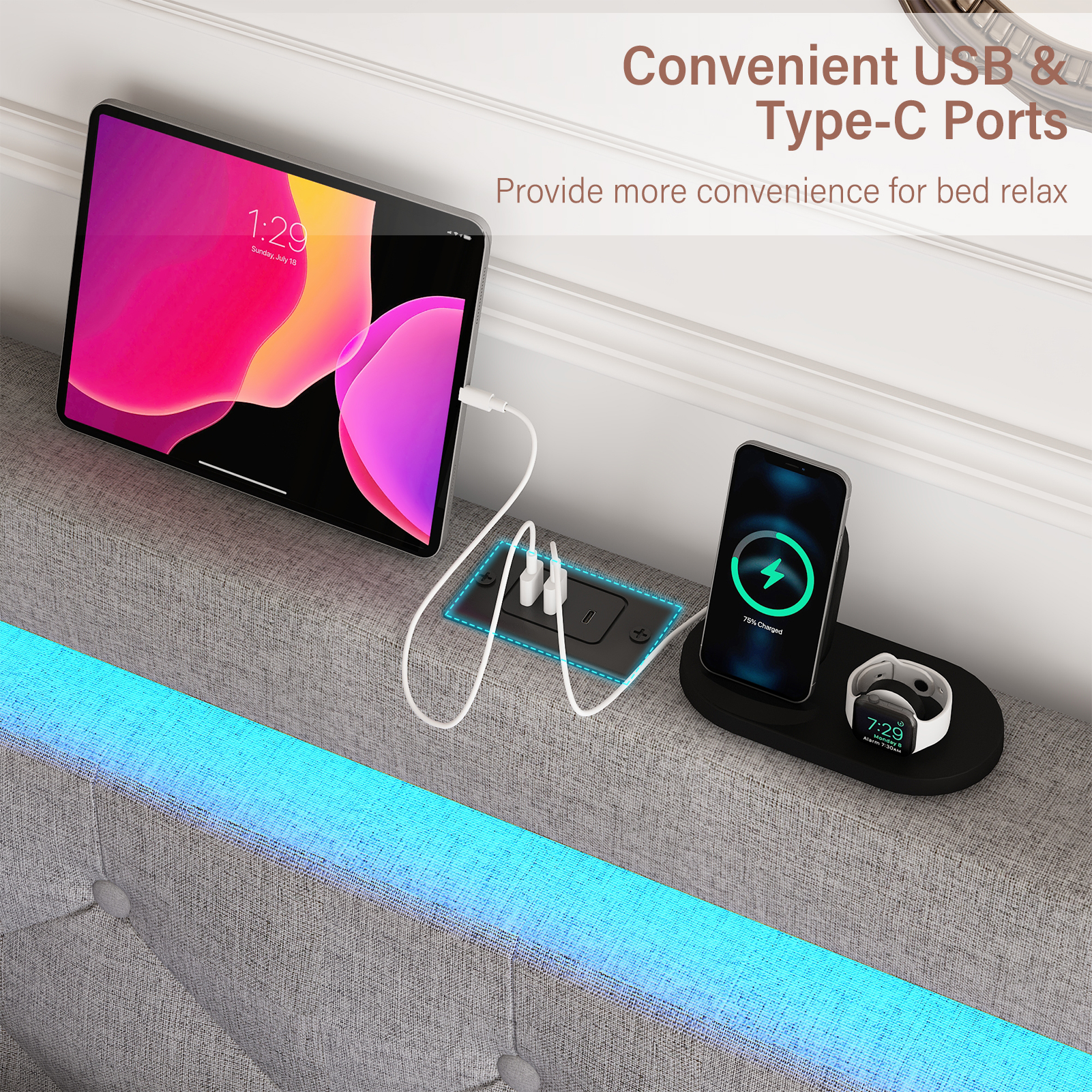 LED Bed Frame Queen Size with 4 Storage Drawers + 2 USB Ports and Outlets, Adjustable Upholstered Headboard, Solid Wooden Slat Support, No Box Spring Needed