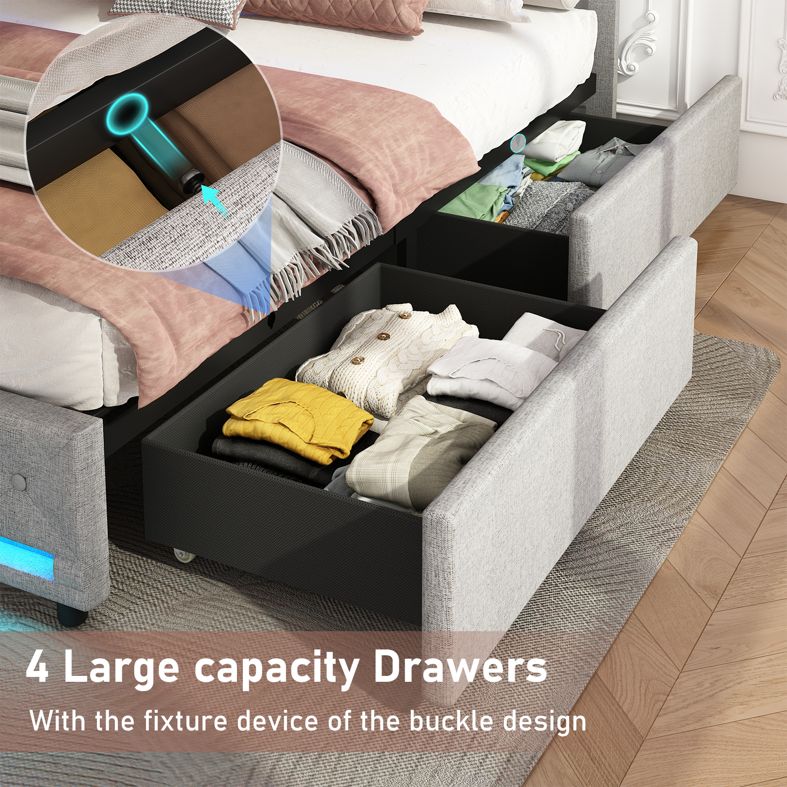 LED Bed Frame Queen Size with 4 Storage Drawers + 2 USB Ports and Outlets, Adjustable Upholstered Headboard, Solid Wooden Slat Support, No Box Spring Needed