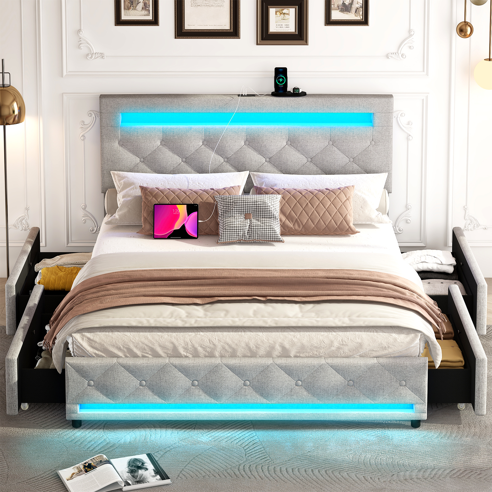 LED Bed Frame Queen Size with 4 Storage Drawers + 2 USB Ports and Outlets, Adjustable Upholstered Headboard, Solid Wooden Slat Support, No Box Spring Needed
