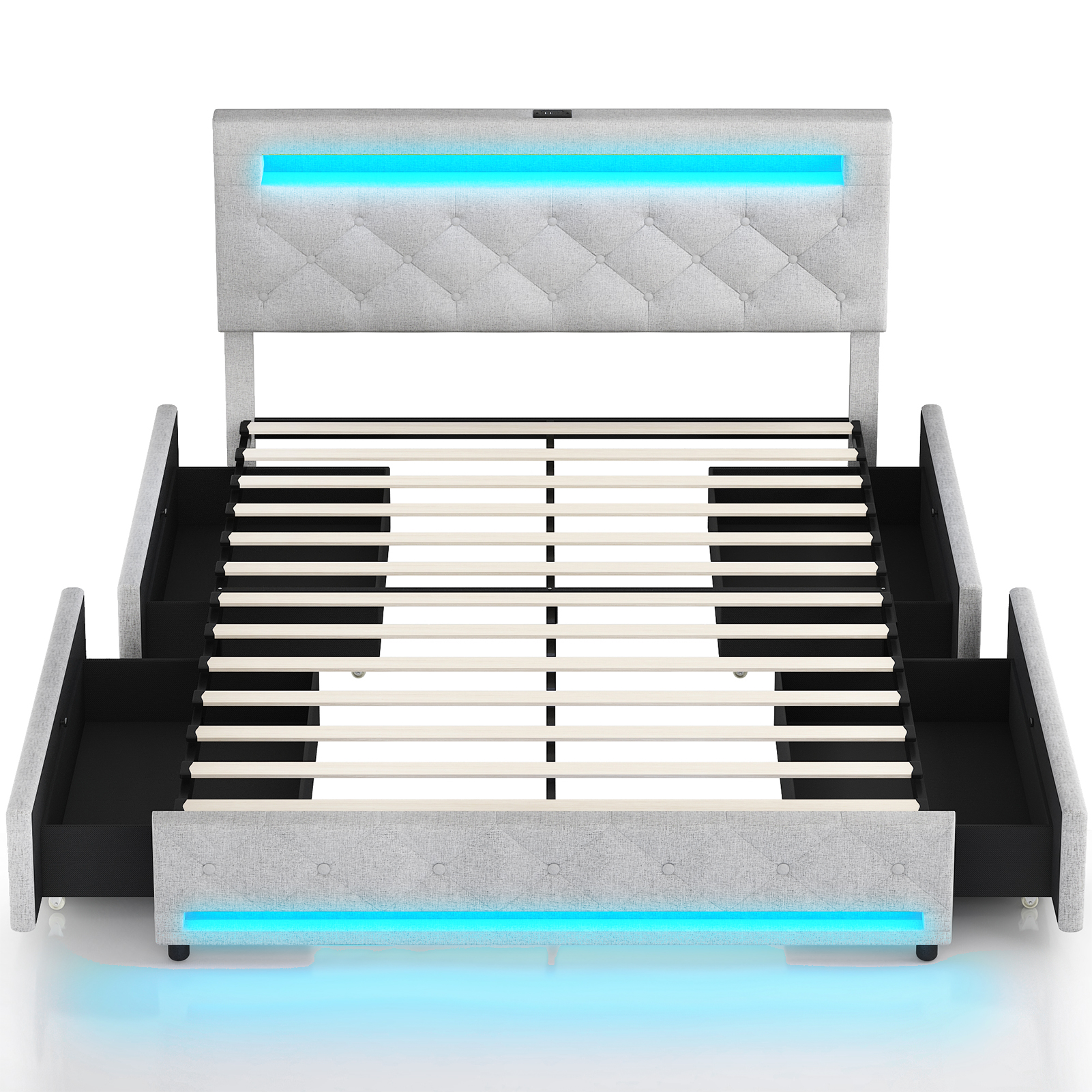 LED Bed Frame Queen Size with 4 Storage Drawers + 2 USB Ports and Outlets, Adjustable Upholstered Headboard, Solid Wooden Slat Support, No Box Spring Needed