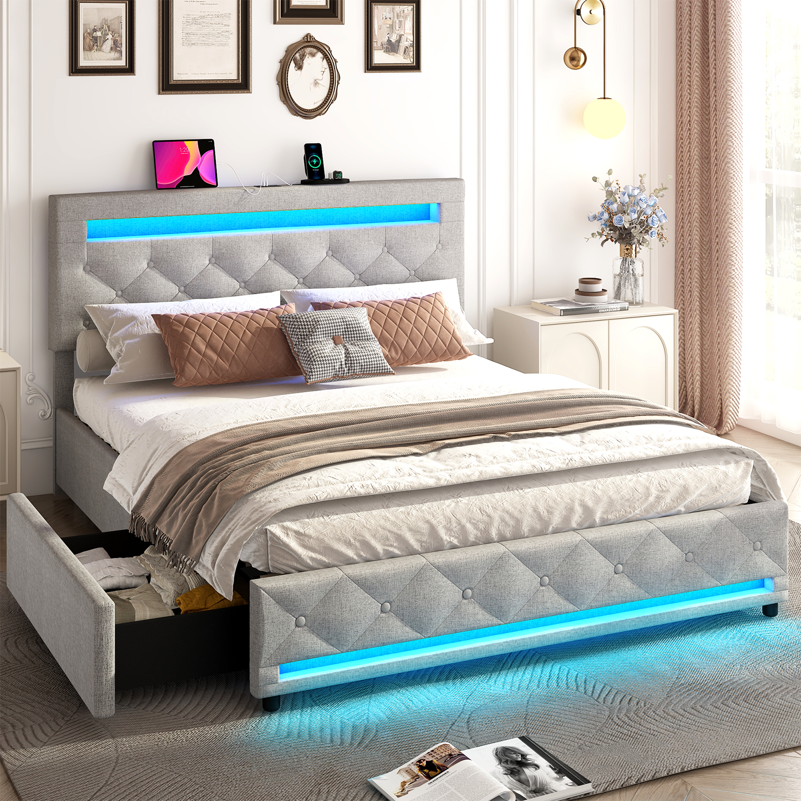 LED Bed Frame Queen Size with 4 Storage Drawers + 2 USB Ports and Outlets, Adjustable Upholstered Headboard, Solid Wooden Slat Support, No Box Spring Needed