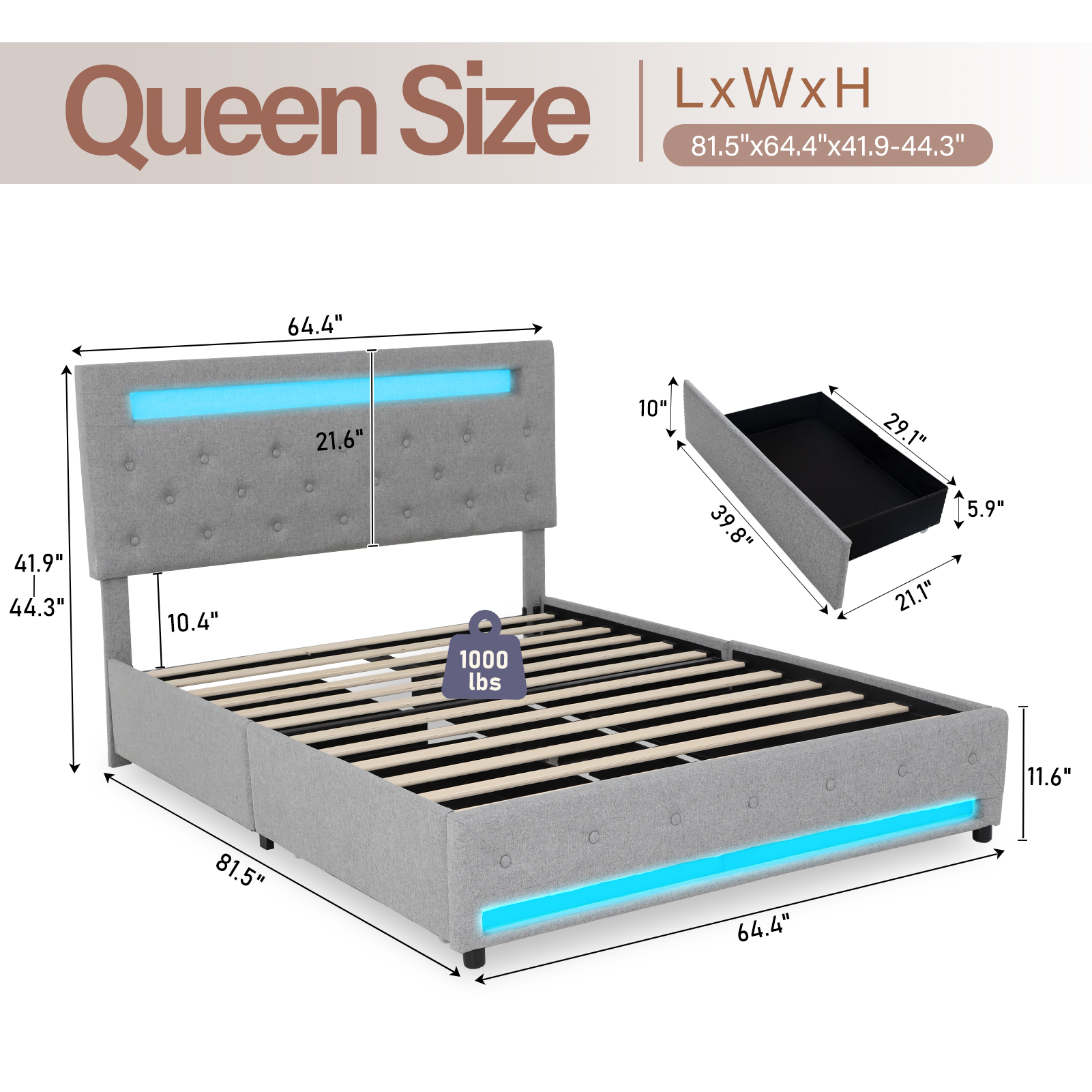 LED Bed Frame Queen Size with 4 Storage Drawers + 2 USB Ports and Outlets, Adjustable Upholstered Headboard, Solid Wooden Slat Support, No Box Spring Needed