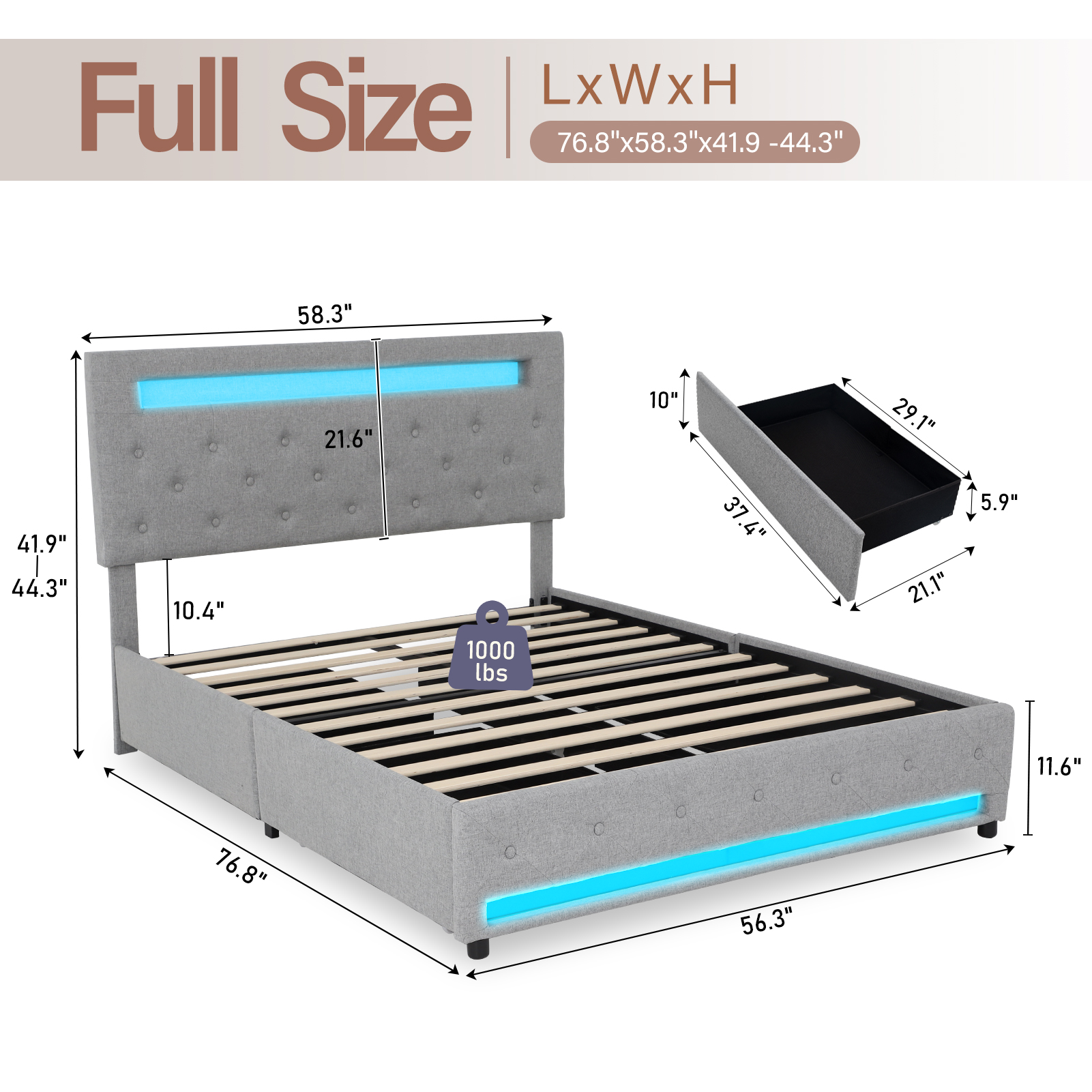 LED Bed Frame Queen Size with 4 Storage Drawers + 2 USB Ports and Outlets, Adjustable Upholstered Headboard, Solid Wooden Slat Support, No Box Spring Needed