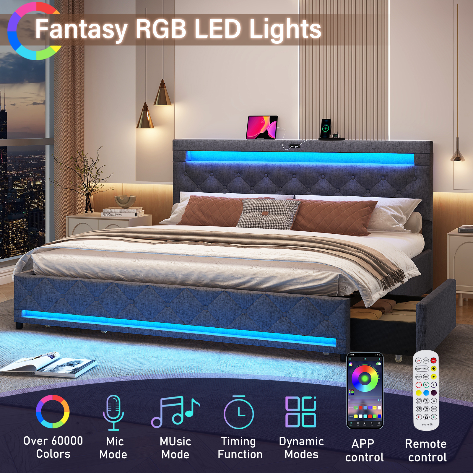 LED Bed Frame Queen Size with 4 Storage Drawers + 2 USB Ports and Outlets, Adjustable Upholstered Headboard, Solid Wooden Slat Support, No Box Spring Needed