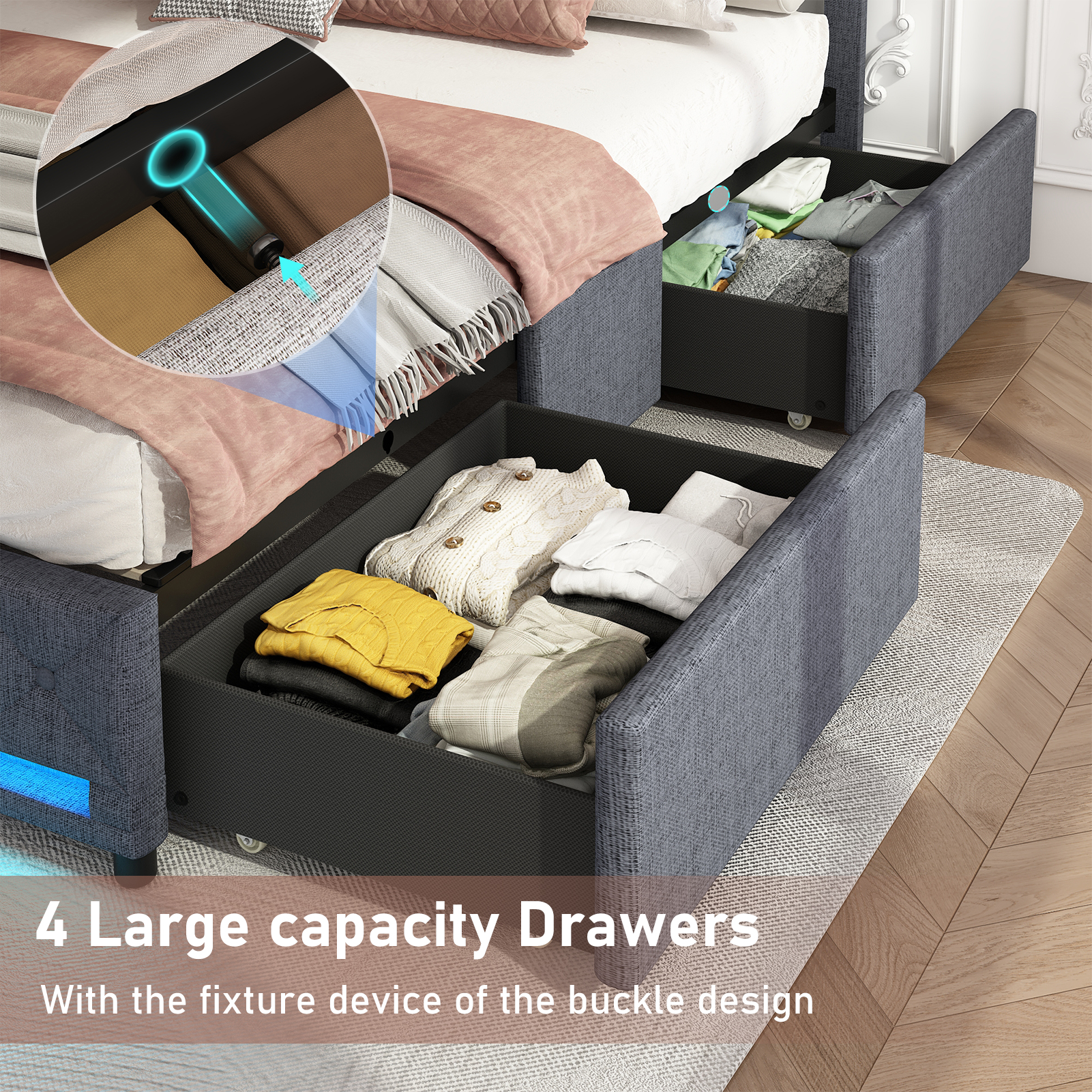 LED Bed Frame Queen Size with 4 Storage Drawers + 2 USB Ports and Outlets, Adjustable Upholstered Headboard, Solid Wooden Slat Support, No Box Spring Needed