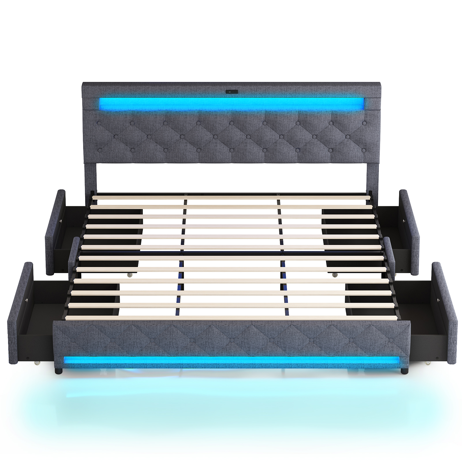 LED Bed Frame Queen Size with 4 Storage Drawers + 2 USB Ports and Outlets, Adjustable Upholstered Headboard, Solid Wooden Slat Support, No Box Spring Needed
