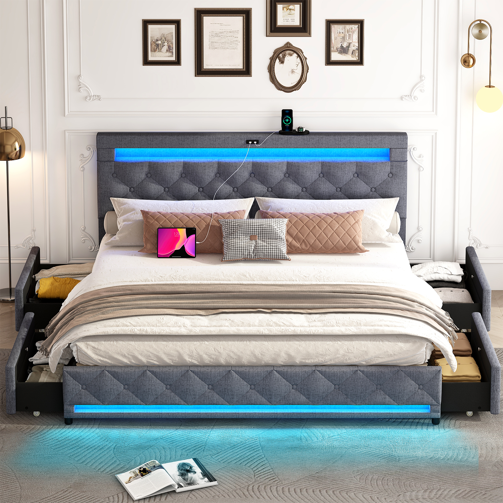 LED Bed Frame Queen Size with 4 Storage Drawers + 2 USB Ports and Outlets, Adjustable Upholstered Headboard, Solid Wooden Slat Support, No Box Spring Needed