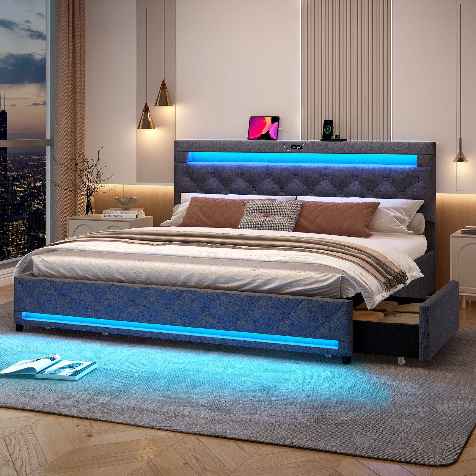 LED Bed Frame Queen Size with 4 Storage Drawers + 2 USB Ports and Outlets, Adjustable Upholstered Headboard, Solid Wooden Slat Support, No Box Spring Needed