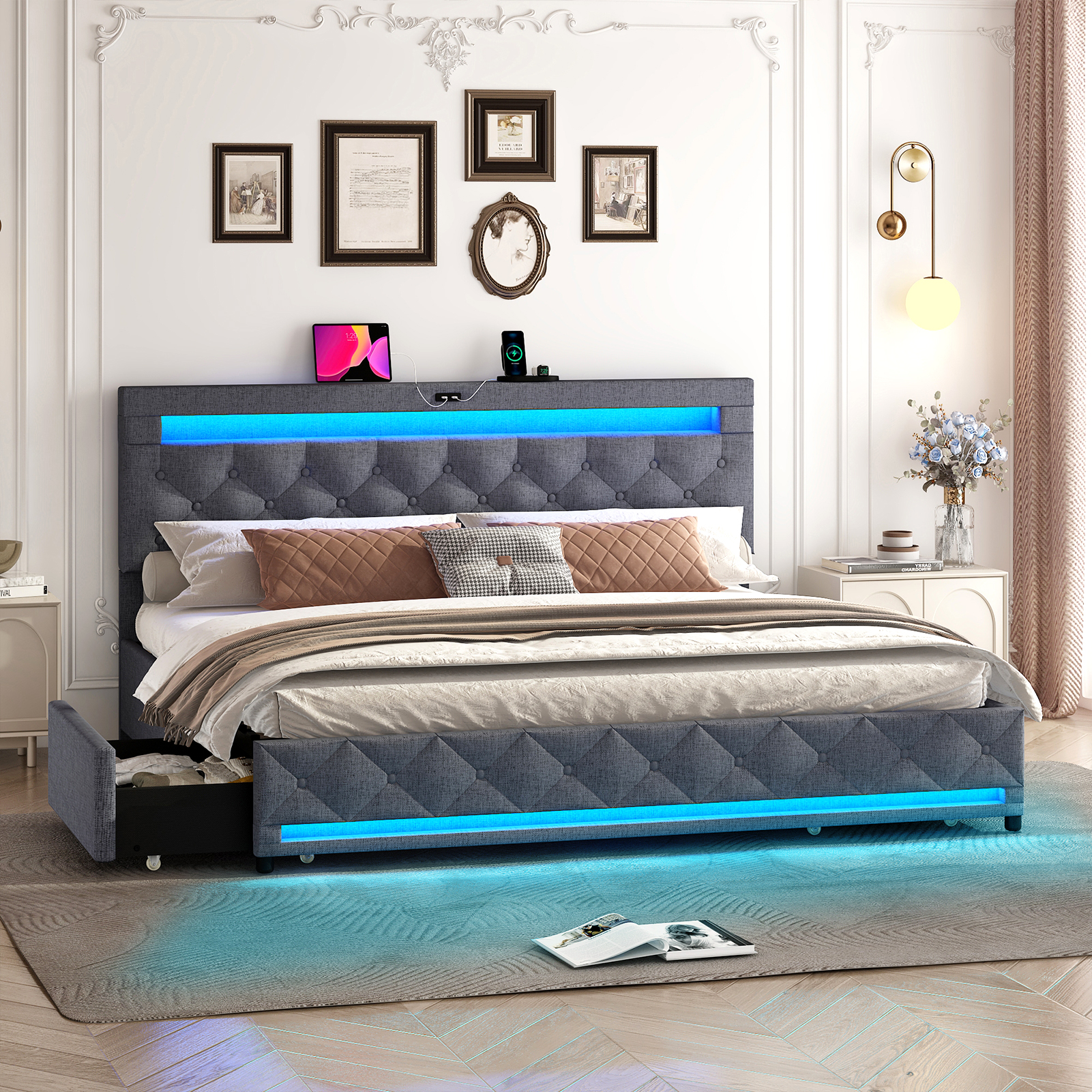 LED Bed Frame Queen Size with 4 Storage Drawers + 2 USB Ports and Outlets, Adjustable Upholstered Headboard, Solid Wooden Slat Support, No Box Spring Needed