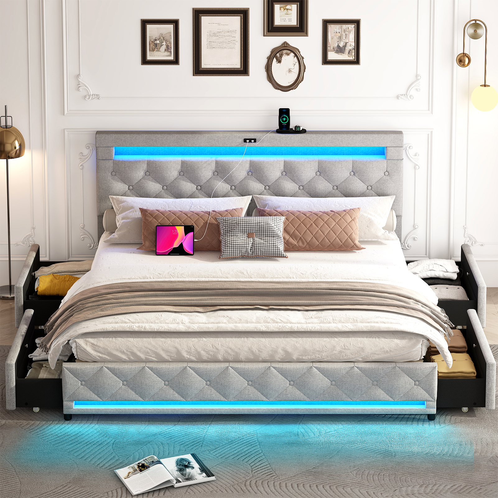 LED Bed Frame Queen Size with 4 Storage Drawers + 2 USB Ports and Outlets, Adjustable Upholstered Headboard, Solid Wooden Slat Support, No Box Spring Needed